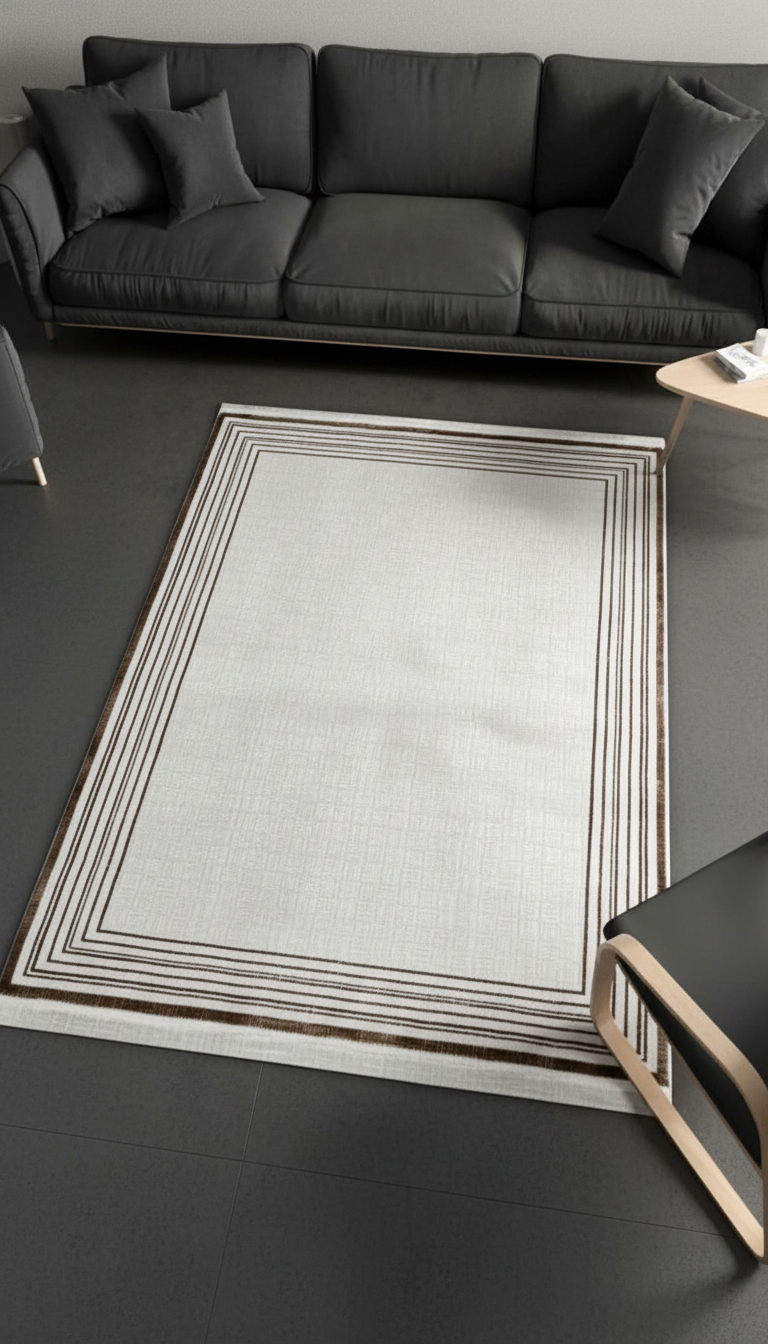 Sultan Zen Çizgili Çerçeveli Desen Vizon Modern Akrilik Makine Dokuma Salon Halısı - 6608