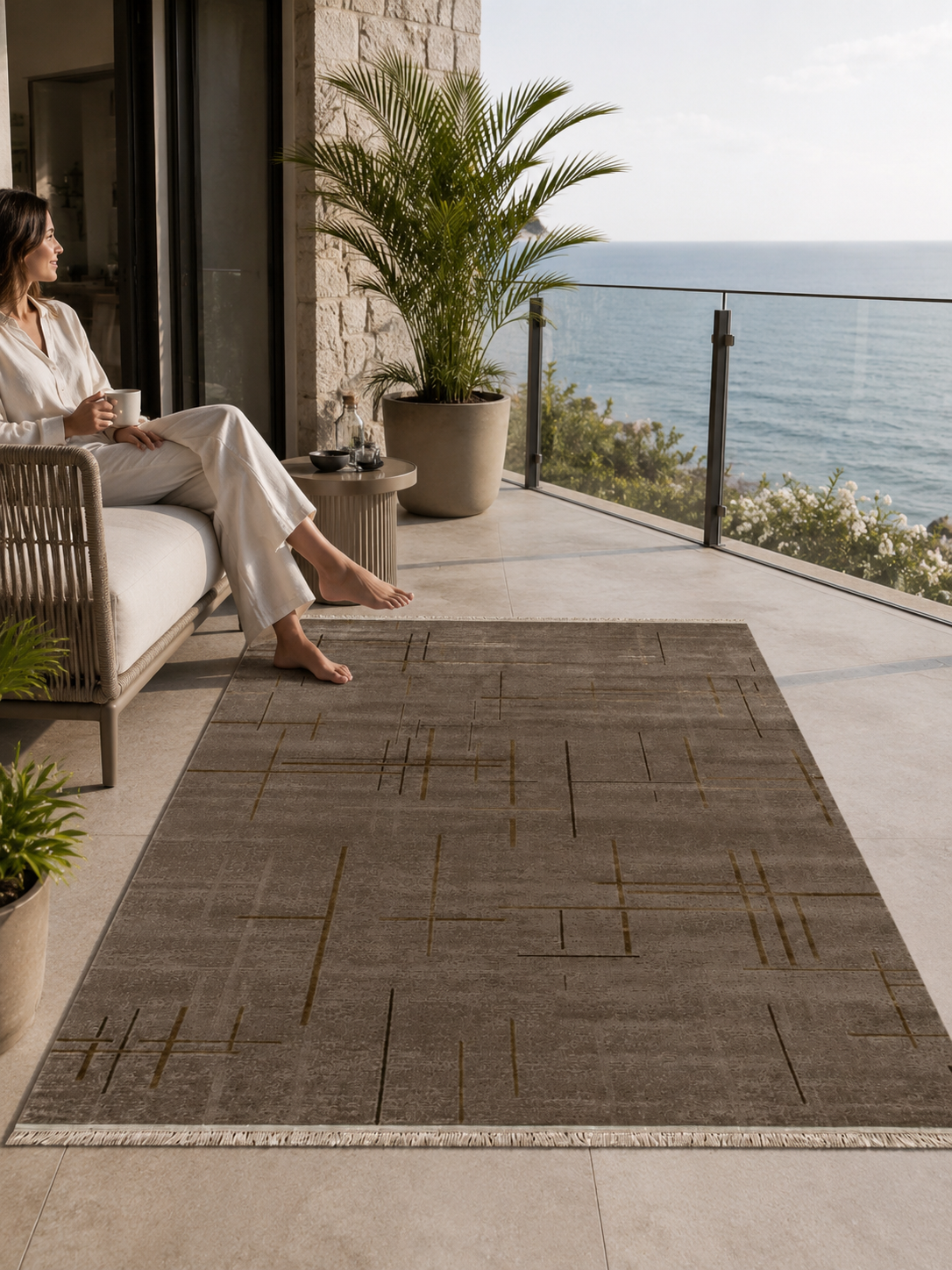 Vizon Rengi Lotus Bambu Model Altı Kaymaz Makine Dokuma Halı