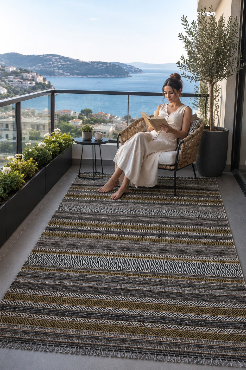 Yeşil Renkli Kaymaz Tabanlı Yıkanabilir Makine Dokuma Kilim