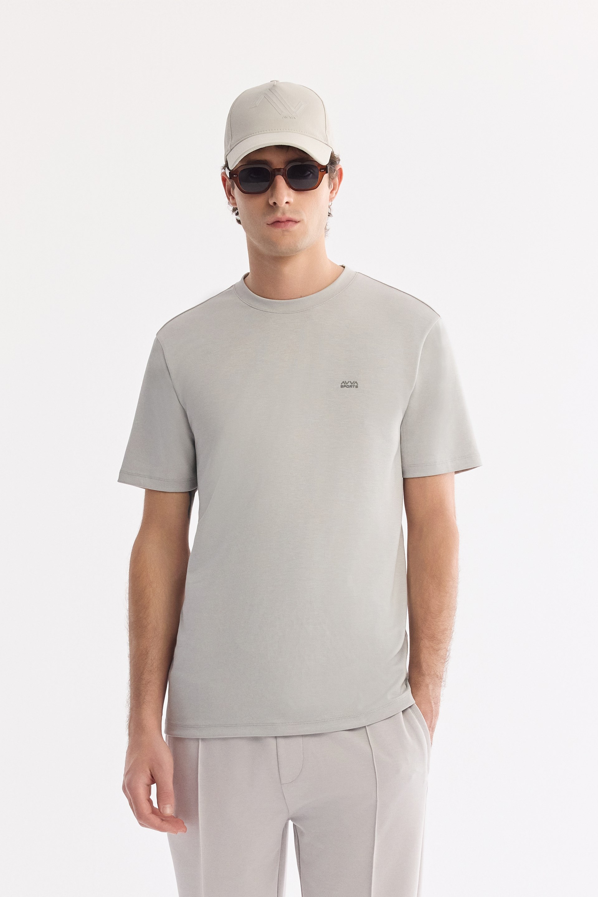 AVVA Açık Gri Bisiklet Yaka Bi-Stretch Kırışmaz Baskılı T-Shirt
