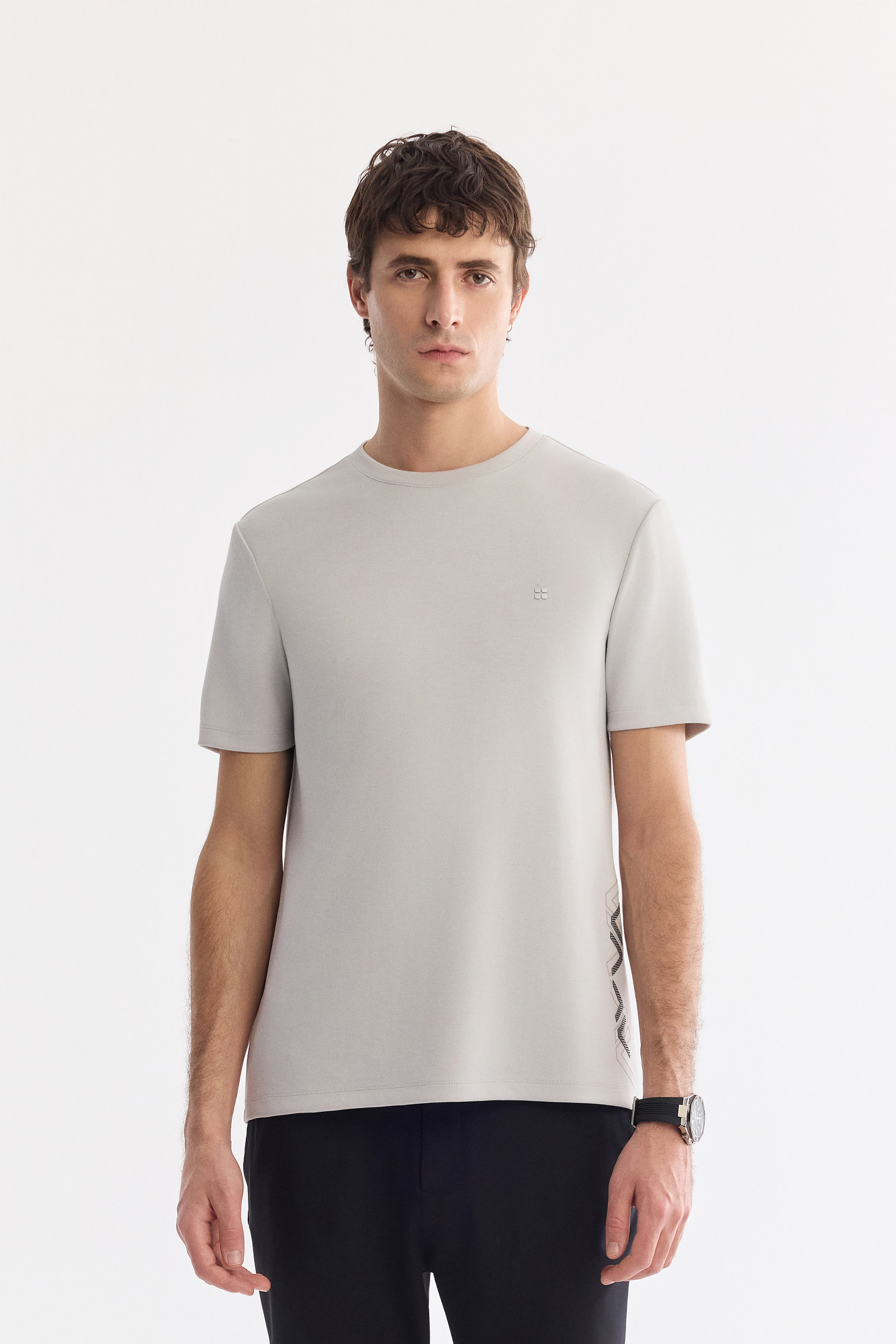 AVVA Açık Gri Bisiklet Yaka Baskılı Bi-Stretch İnterlok T-Shirt