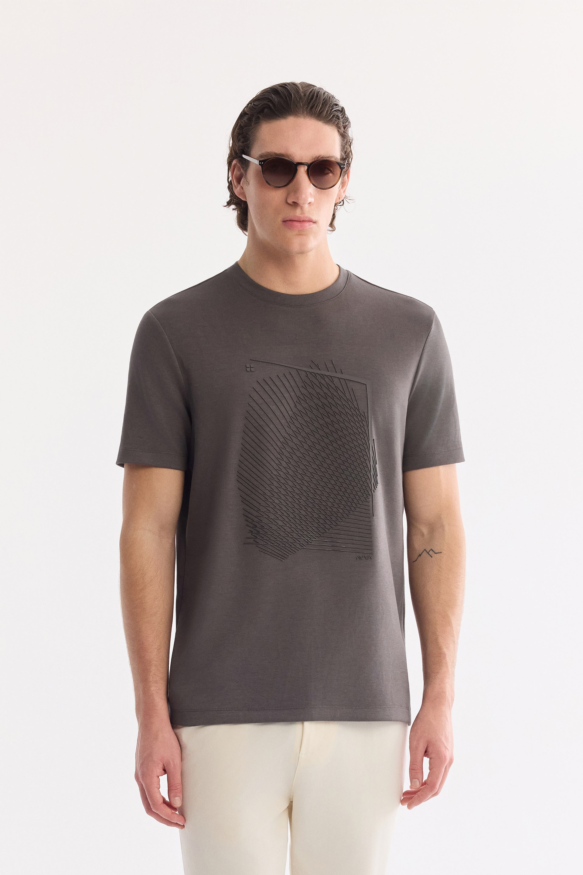 AVVA Antrasit Bisiklet Yaka Baskılı Bi-Stretch İnterlok T-Shirt