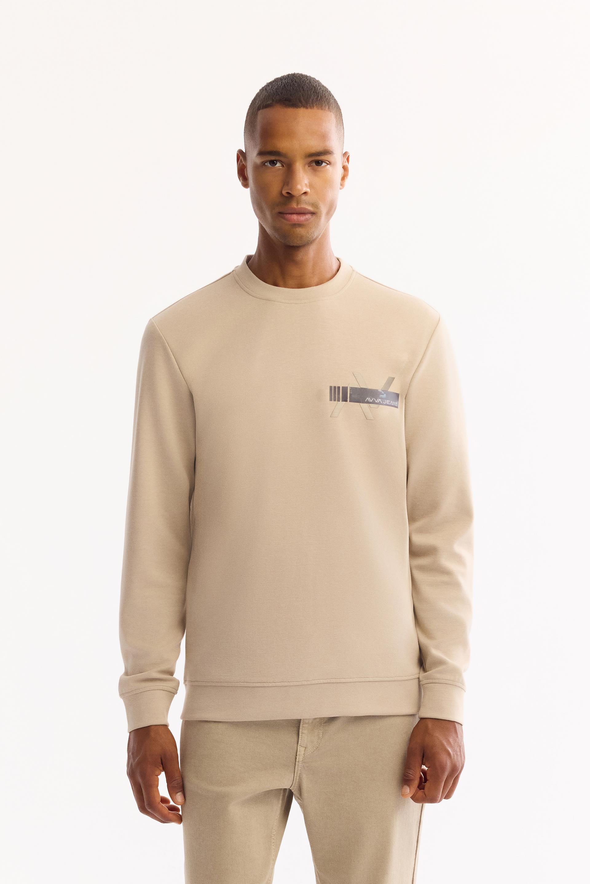 AVVA Bej Bisiklet Yaka Kolay Ütülenen Bi-Stretch Baskılı Sweatshirt