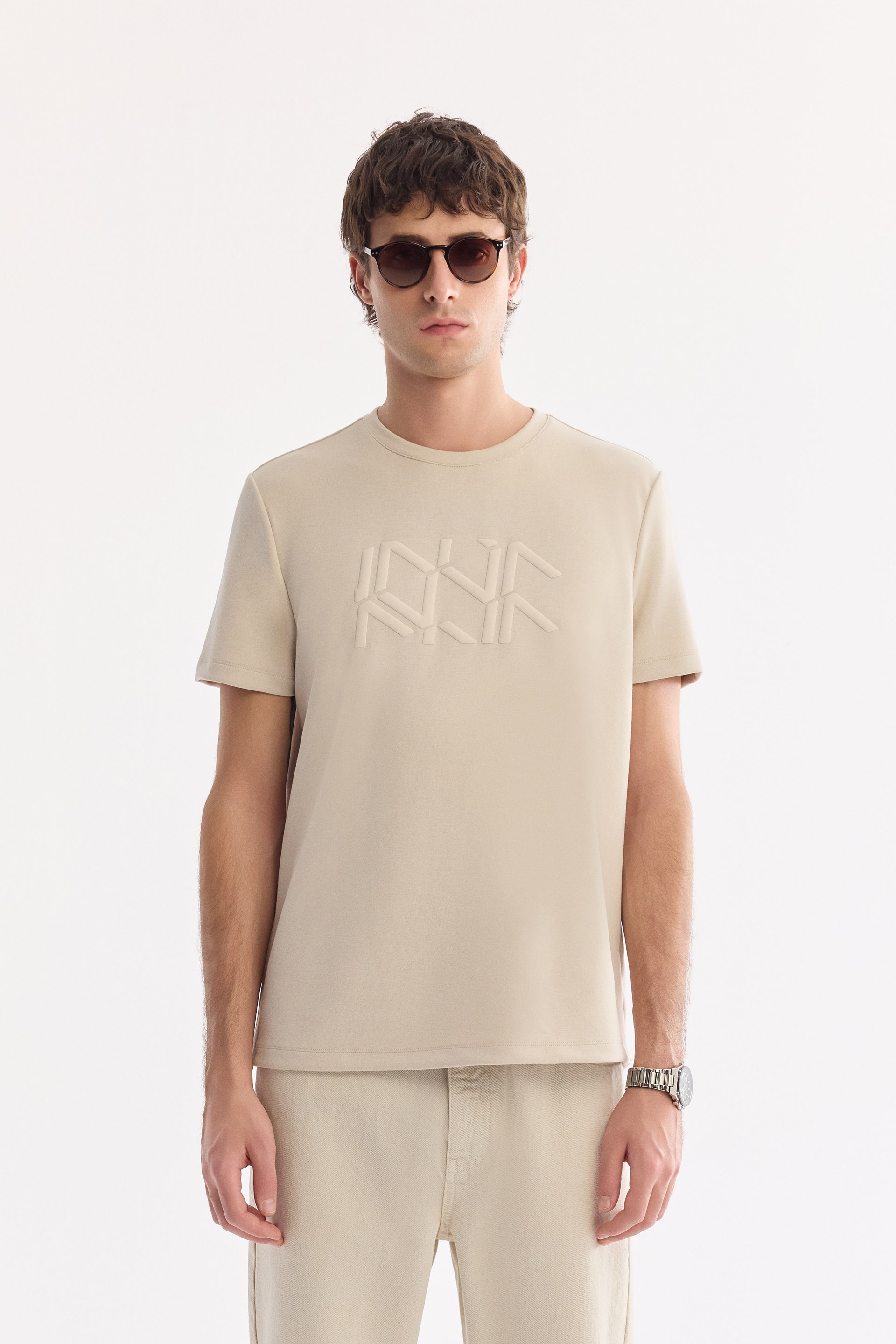AVVA Bej Bisiklet Yaka Baskılı Bi-Stretch İnterlok T-Shirt