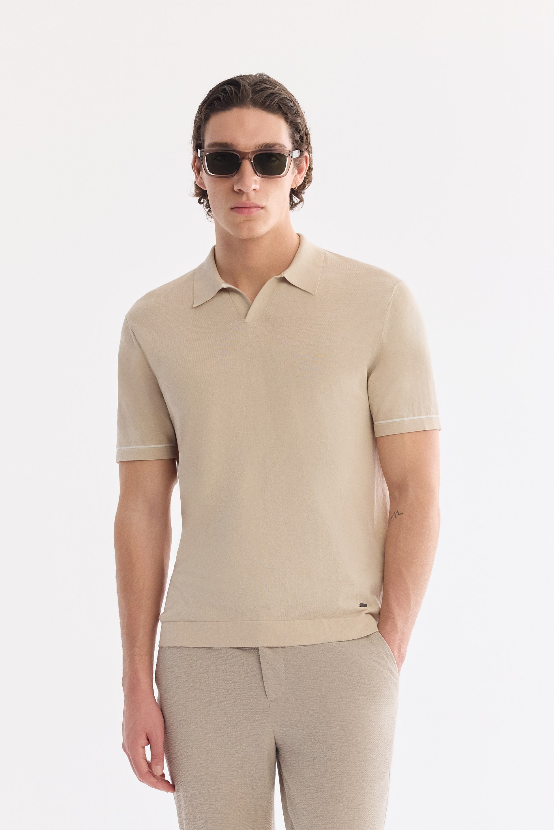 AVVA Bej Polo Yaka Düğmesiz %100 Pamuk Soft Touch Triko T-Shirt