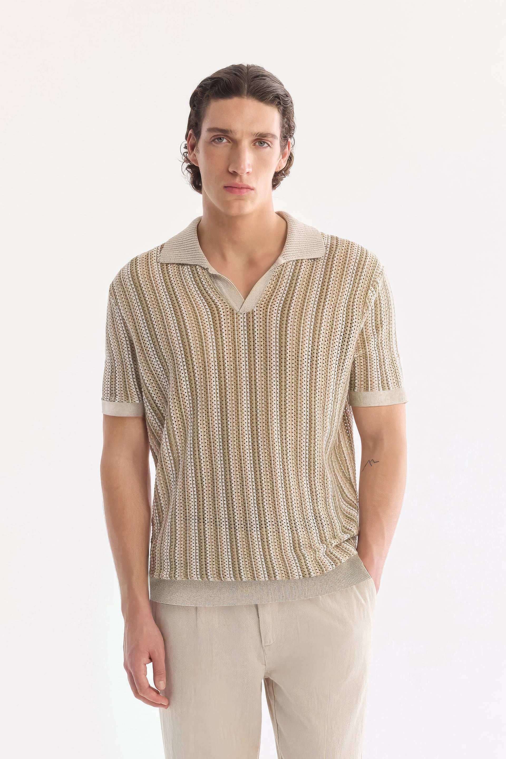 AVVA Bej Polo Yaka Düğmesiz %100 Pamuk Soft Touch Triko-T-Shirt