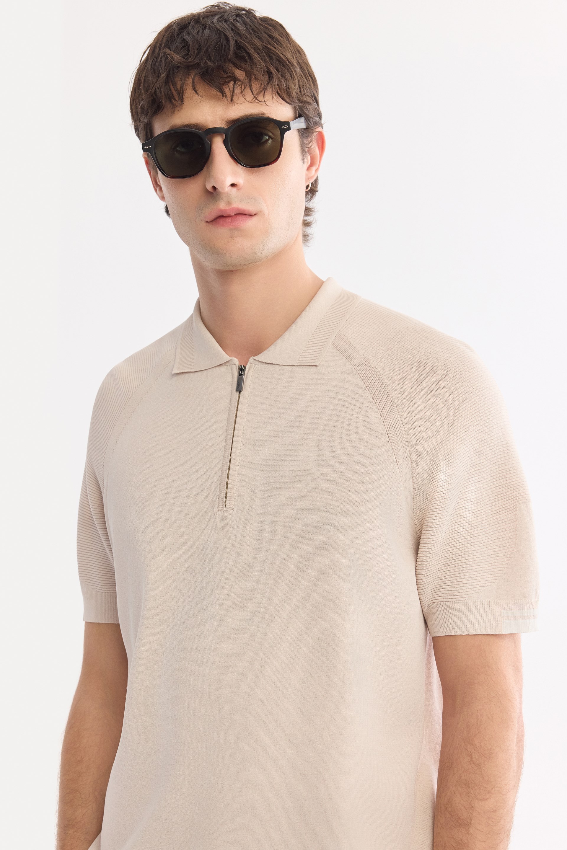 AVVA Bej Polo Yaka Fermuarlı Rayon Karışımlı Triko T-Shirt görsel 2