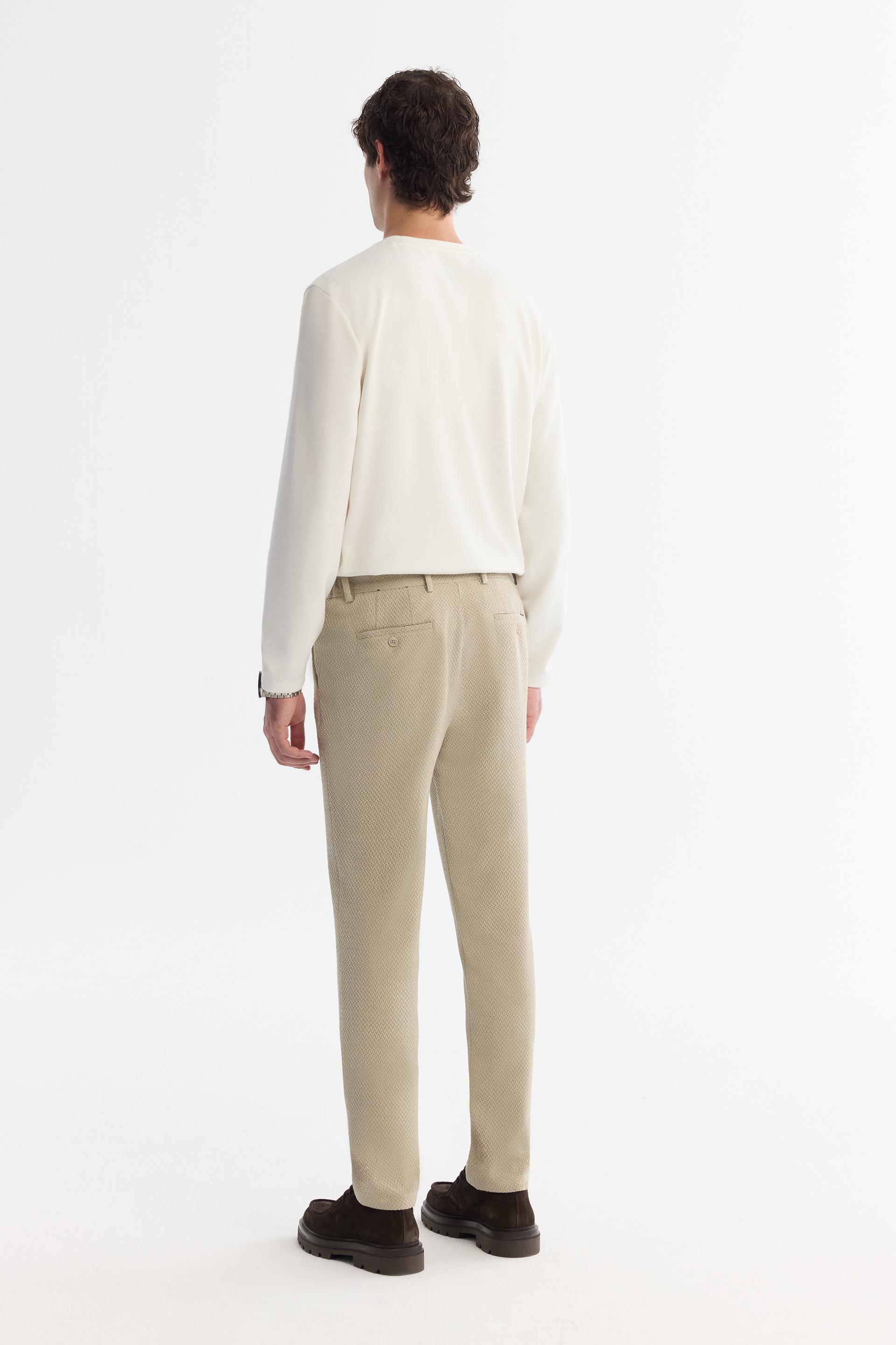 Bej Klasik Bel Yandan Cepli Dokulu Bi-Stretch Pantolon