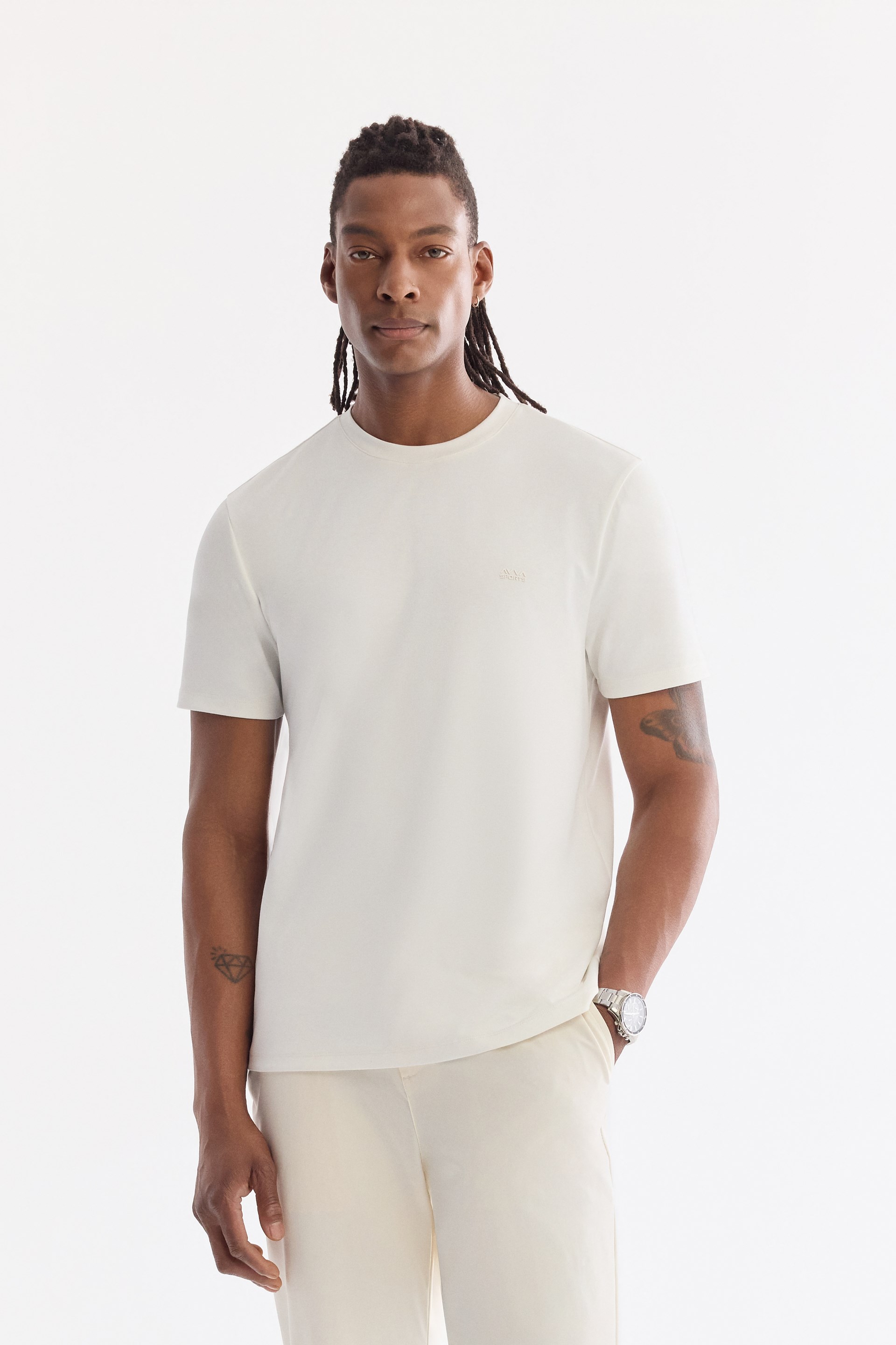 AVVA Beyaz Bisiklet Yaka Bi-Stretch Kırışmaz Baskılı T-Shirt