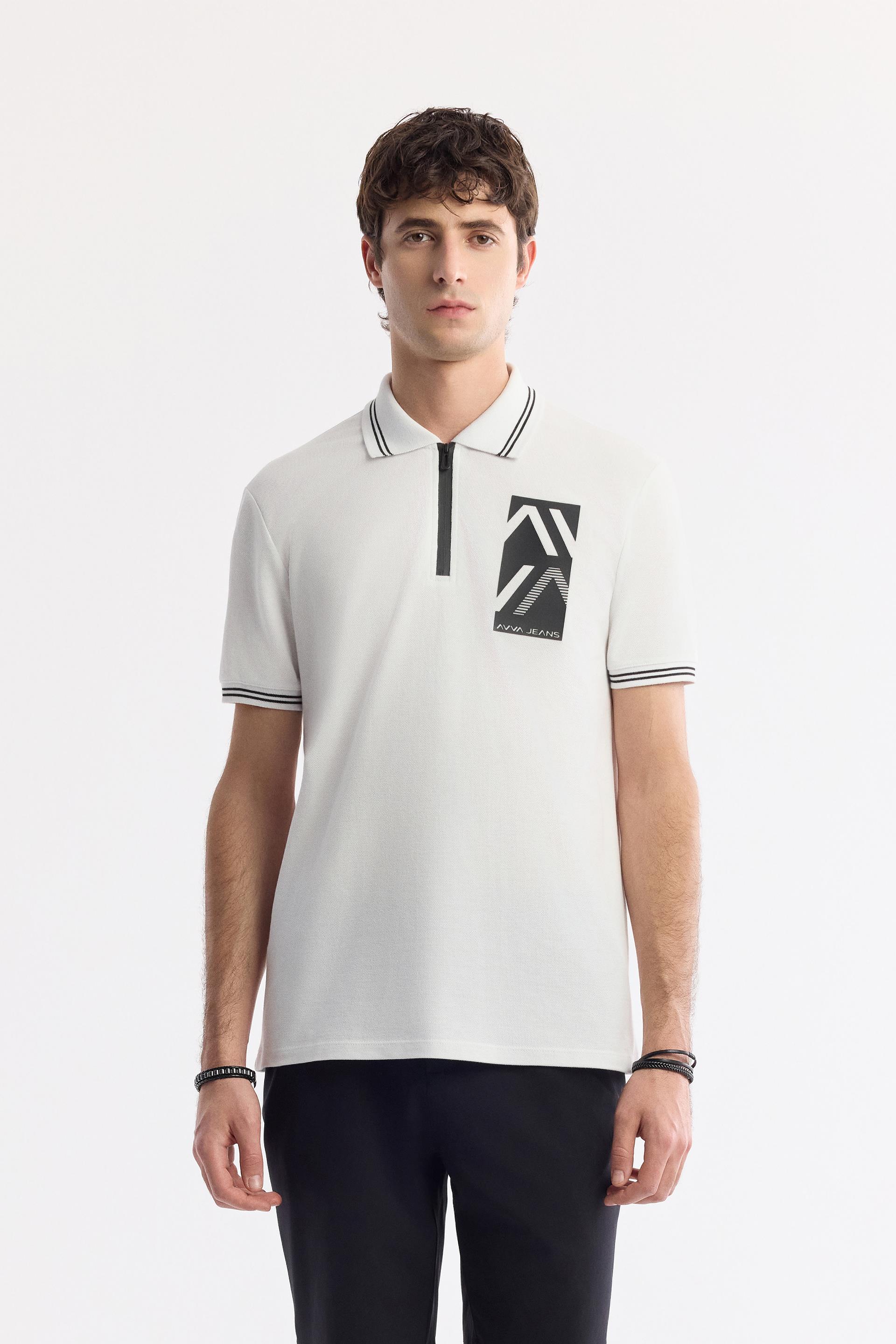 AVVA Beyaz Polo Yaka Baskılı %100 Pamuk T-Shirt