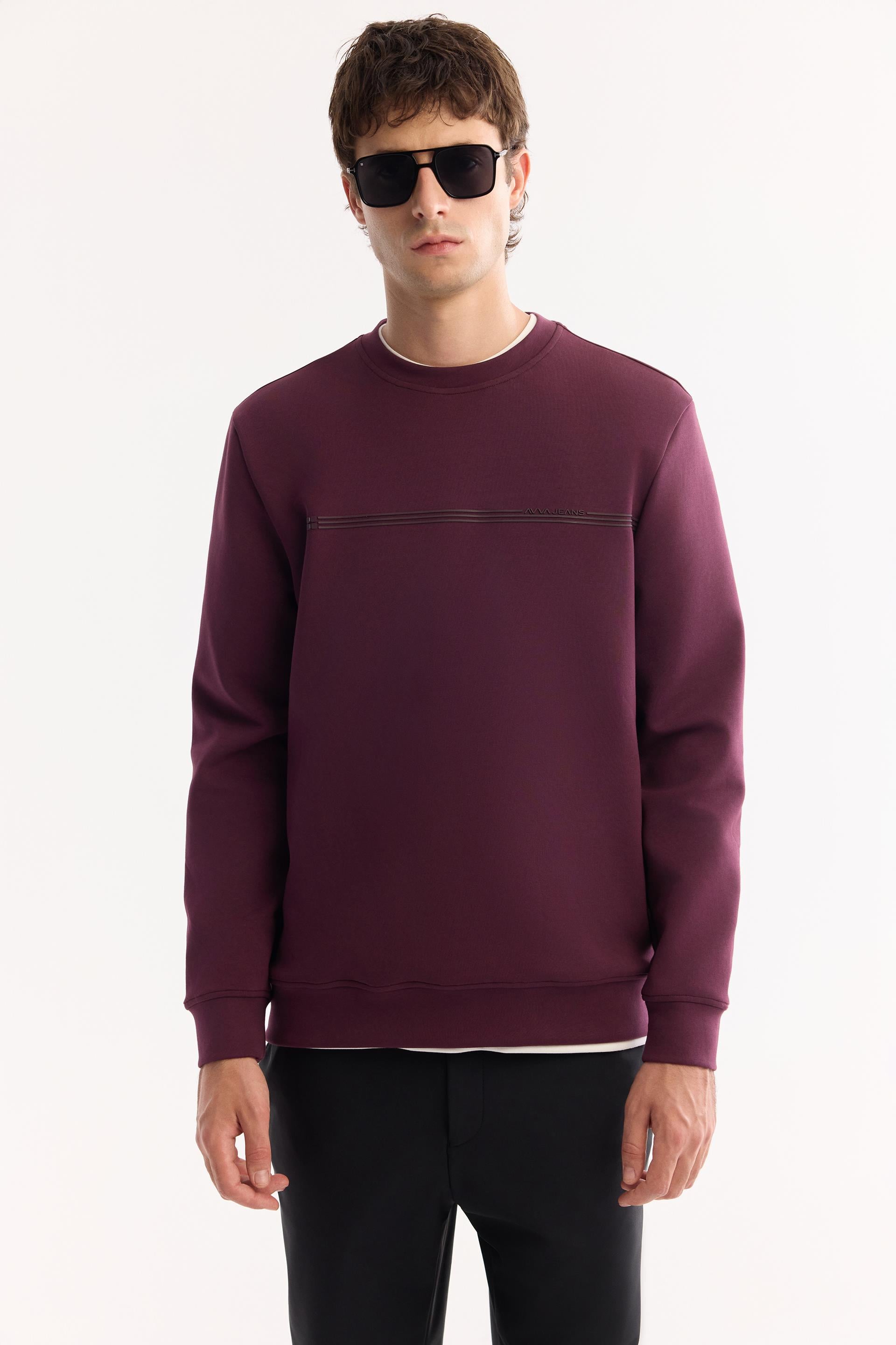 AVVA Bordo Bisiklet Yaka Kolay Ütülenen Bi-Stretch Baskılı Sweatshirt görsel 5
