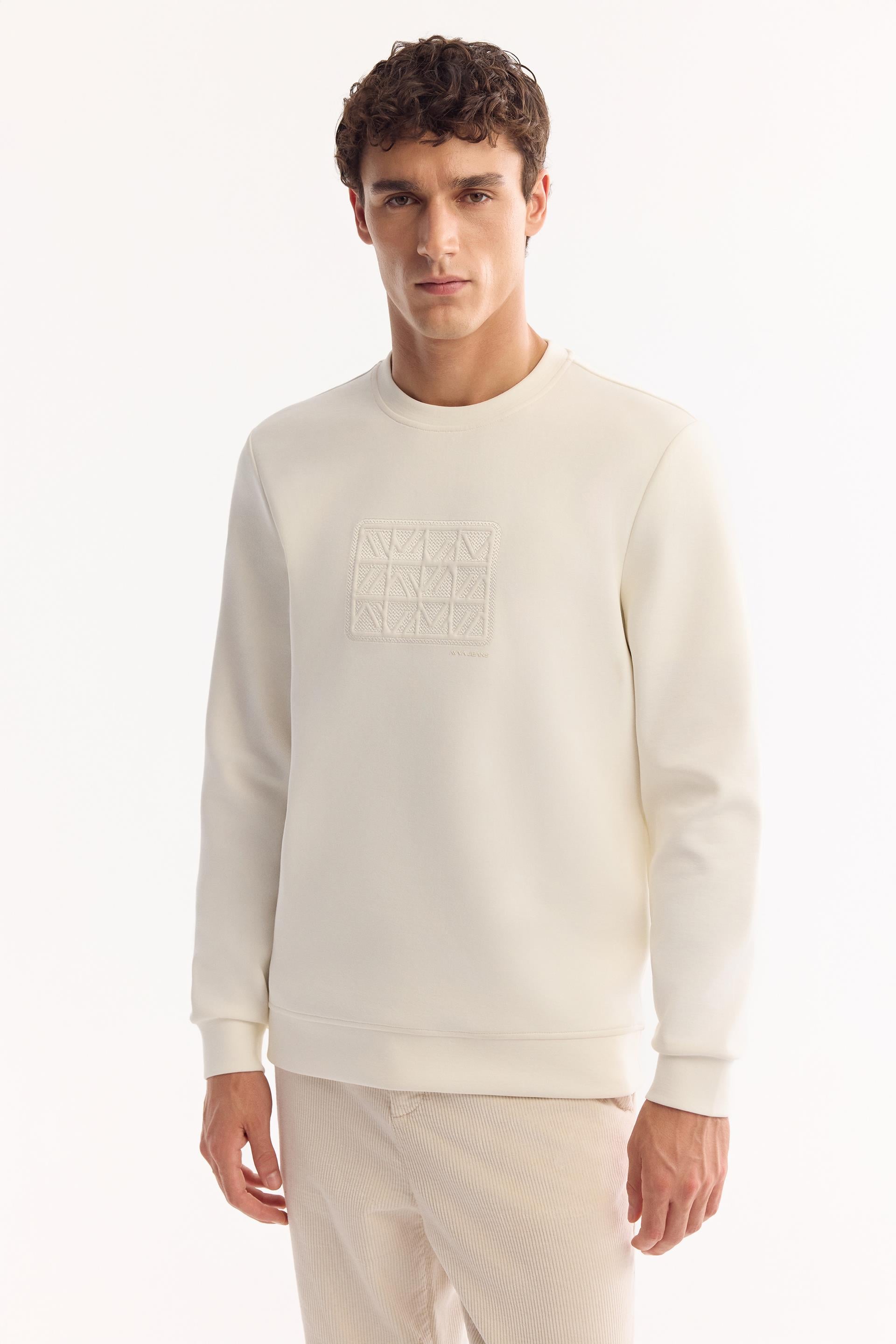 AVVA Ekru Bisiklet Yaka Kolay Ütülenen Bi-Stretch Baskılı Sweatshirt görsel 5
