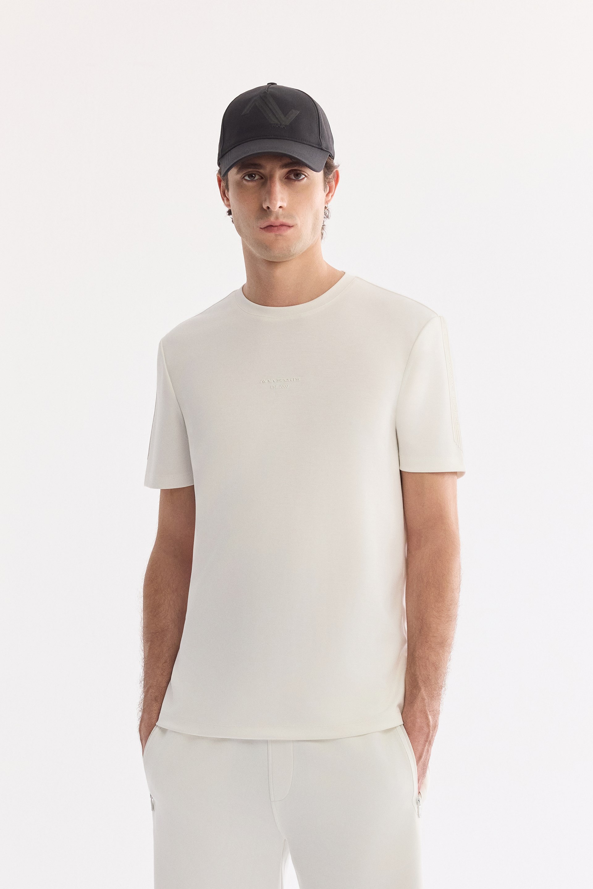 AVVA Ekru Bisiklet Yaka Baskılı Viskon Karışımlı Bi-Stretch İnterlok T-Shirt