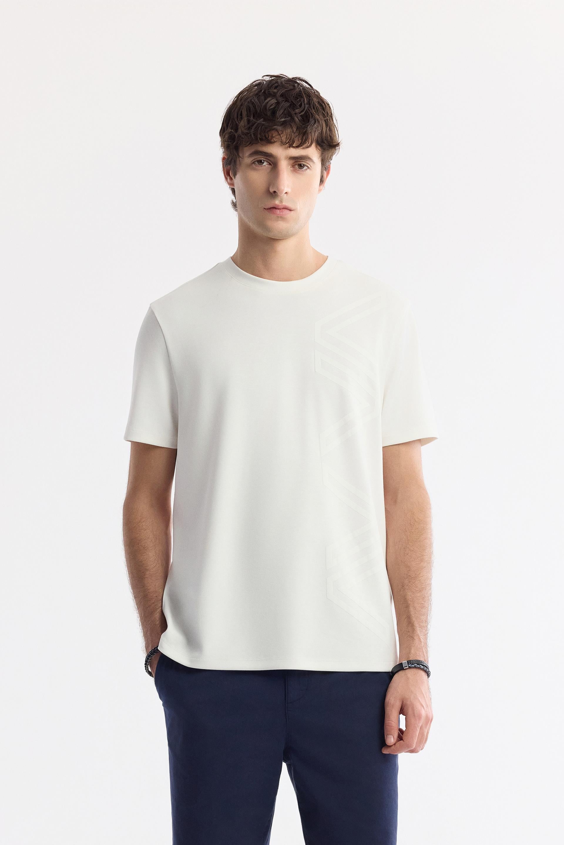 AVVA Ekru Bisiklet Yaka Baskılı Bi-Stretch İnterlok T-Shirt