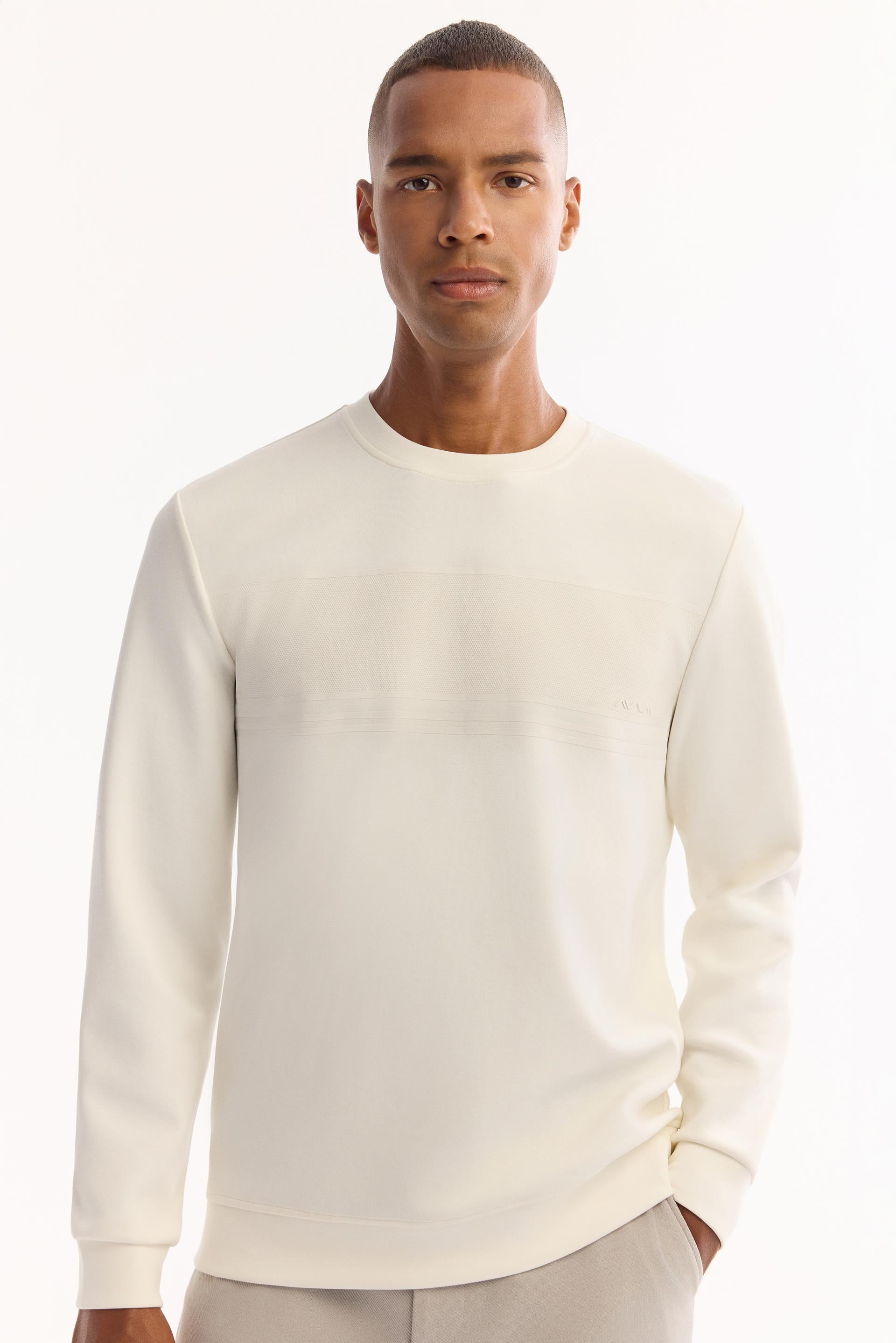 AVVA Ekru Bisiklet Yaka Kolay Ütülenen Bi-Stretch Baskılı Sweatshirt görsel 5