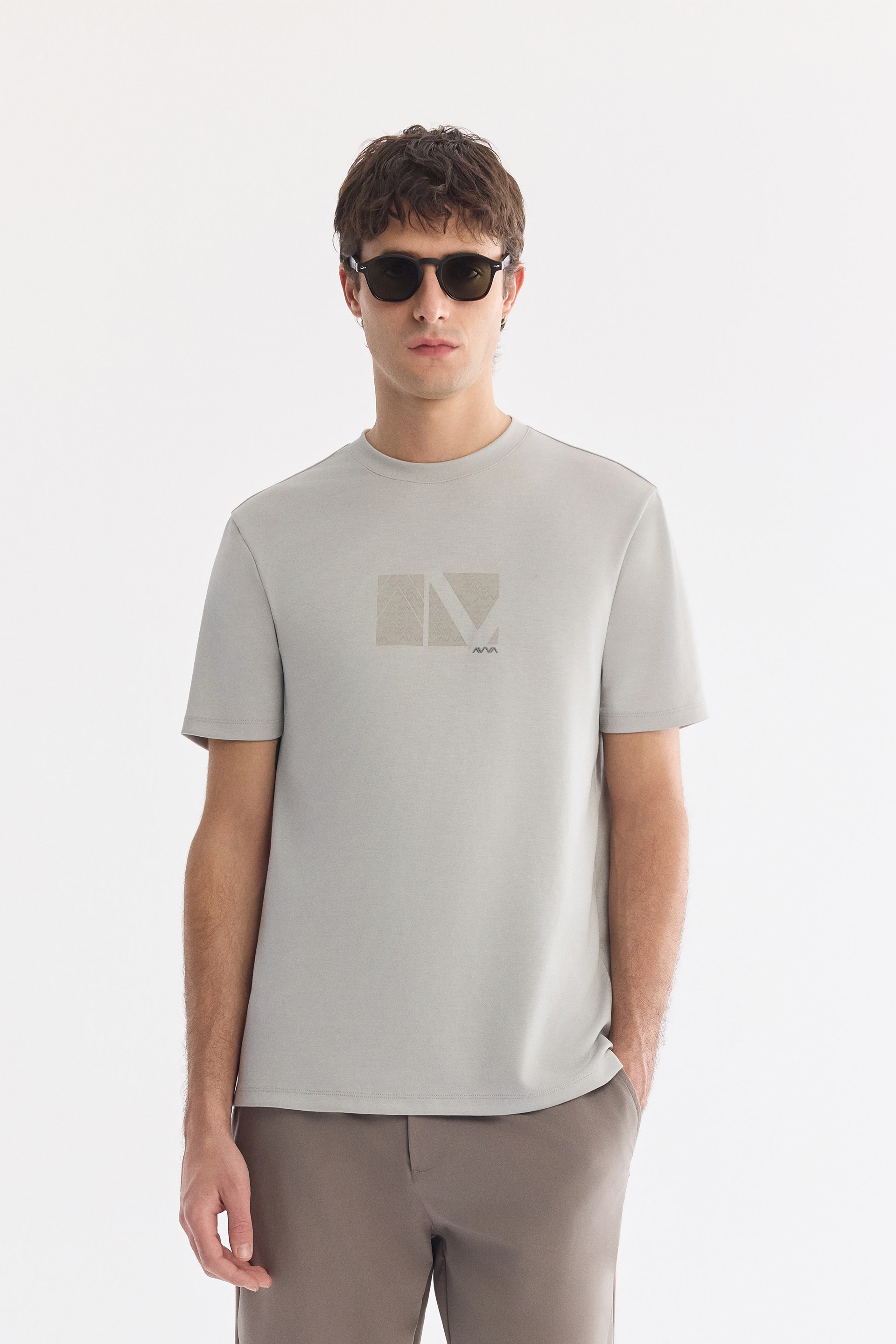 AVVA Gri Bisiklet Yaka Baskılı Viskon Karışımlı Bi-Stretch T-Shirt