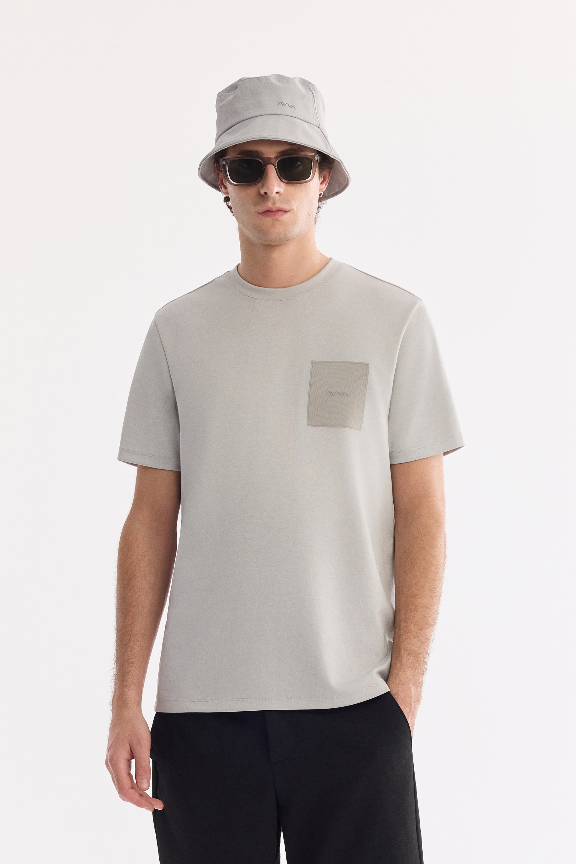 AVVA Gri Bisiklet Yaka Baskılı Bi-Stretch İnterlok T-Shirt