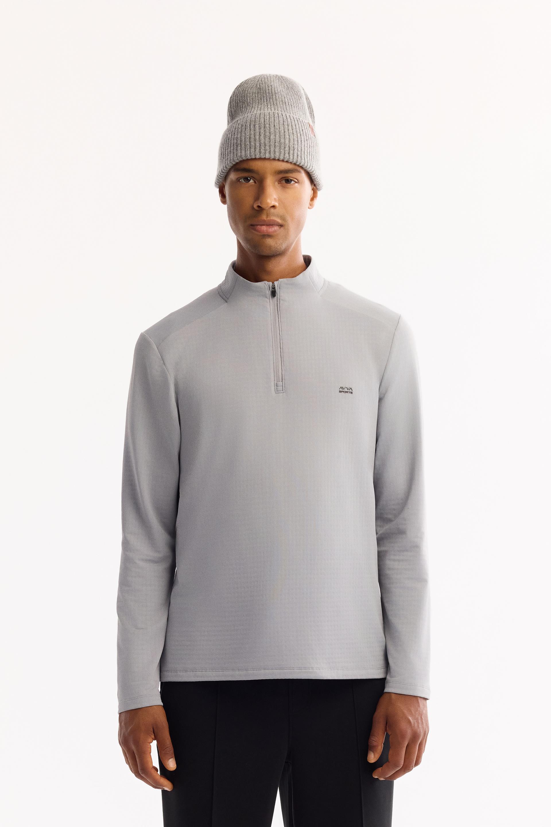 AVVA Gri Dik Yaka Fermuarlı İçi Kareli Şardonlu Teknik Kumaş Sweatshirt
