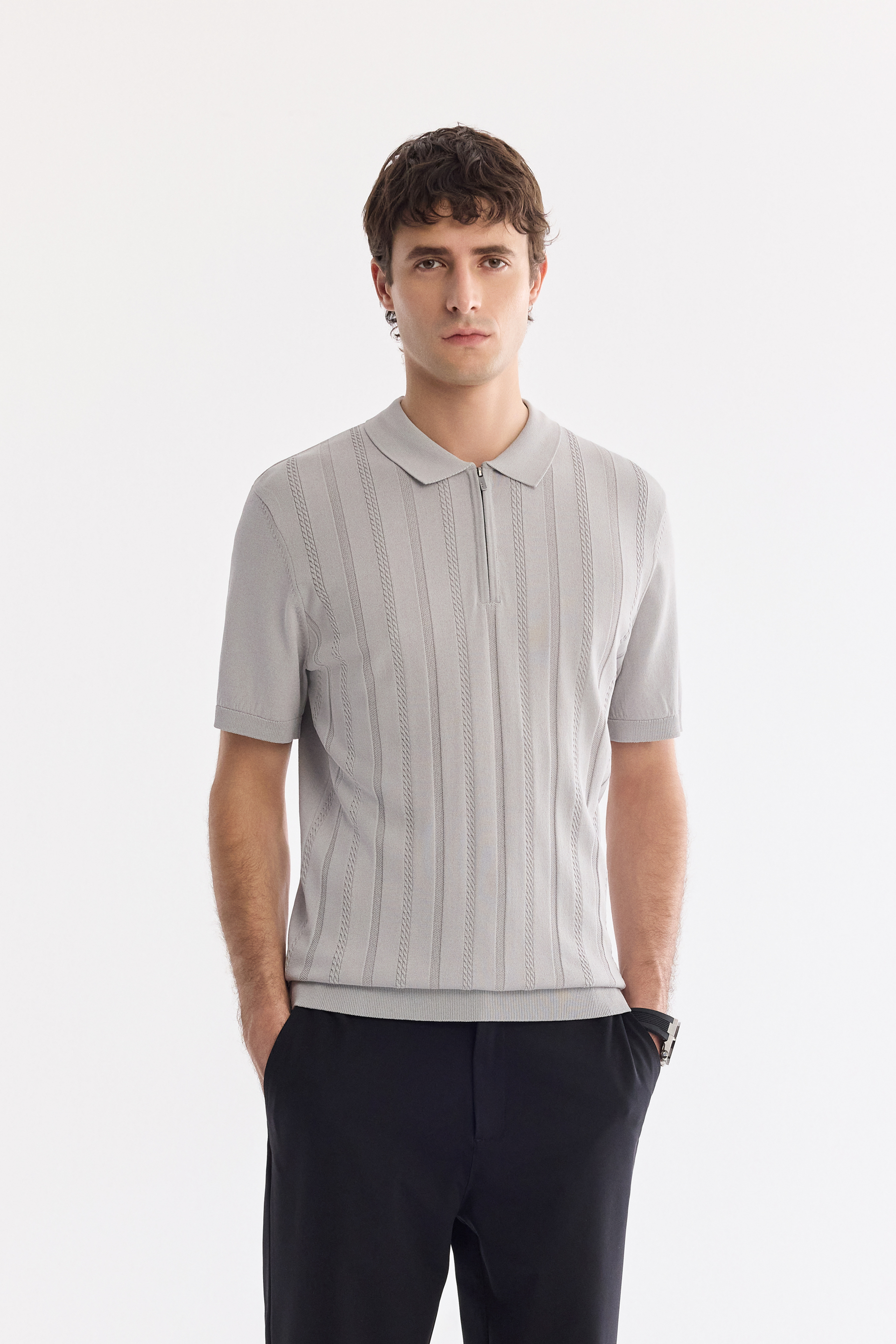 AVVA Gri Polo Yaka Fermuarlı Rayon Triko T-Shirt