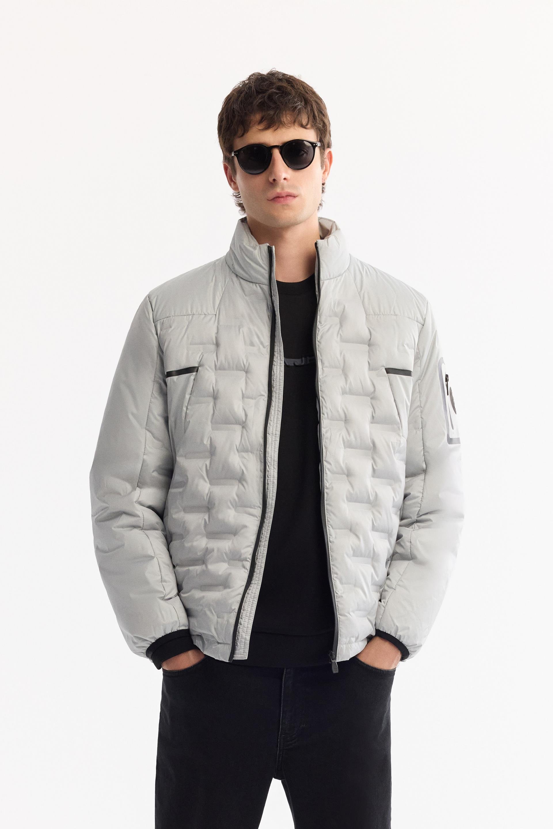 Gri Dik Yaka Su İtici Rüzgar Geçirmez Şişme Mont