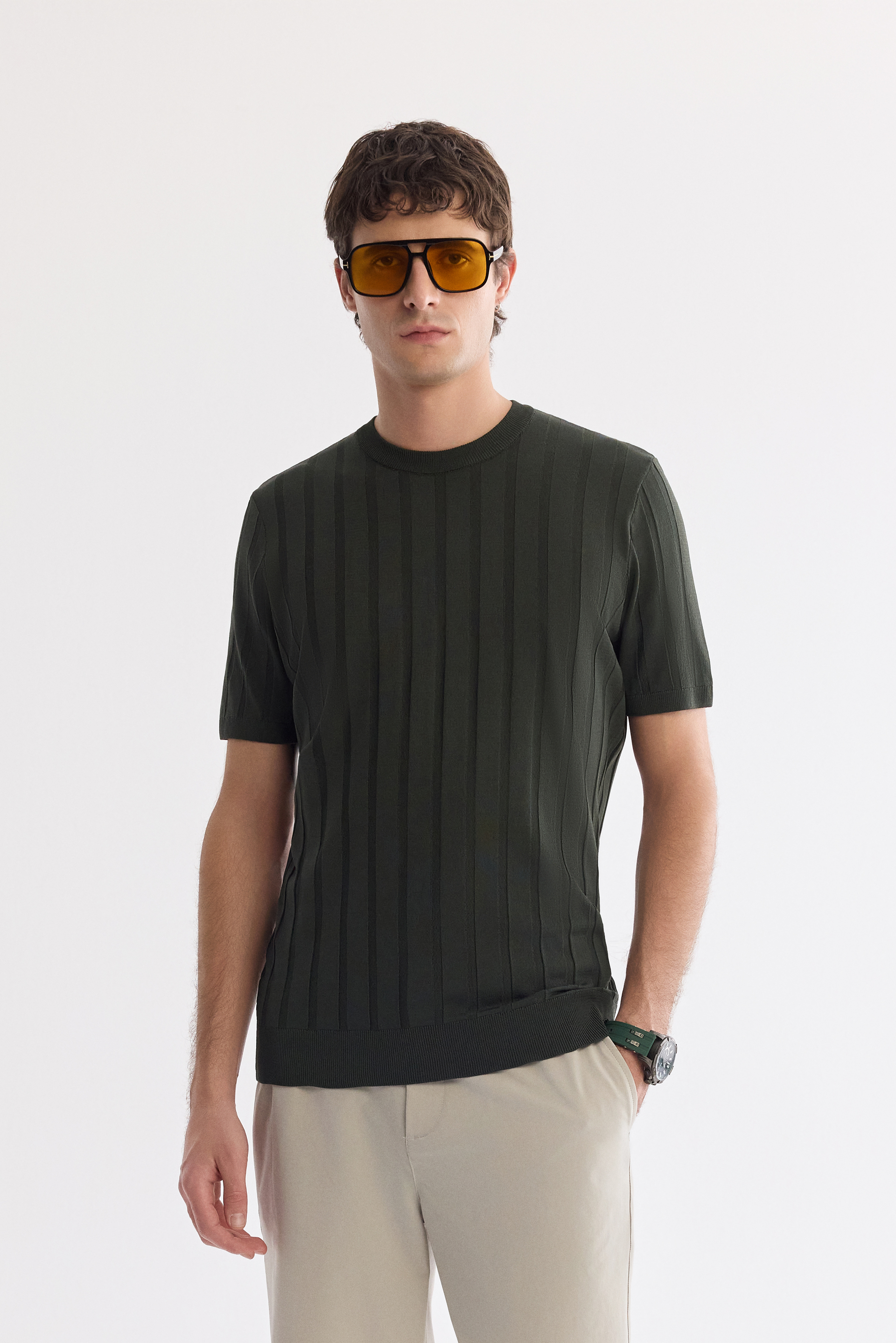 AVVA Haki Bisiklet Yaka Kolay Ütülenen Kırışmaz Triko T-Shirt
