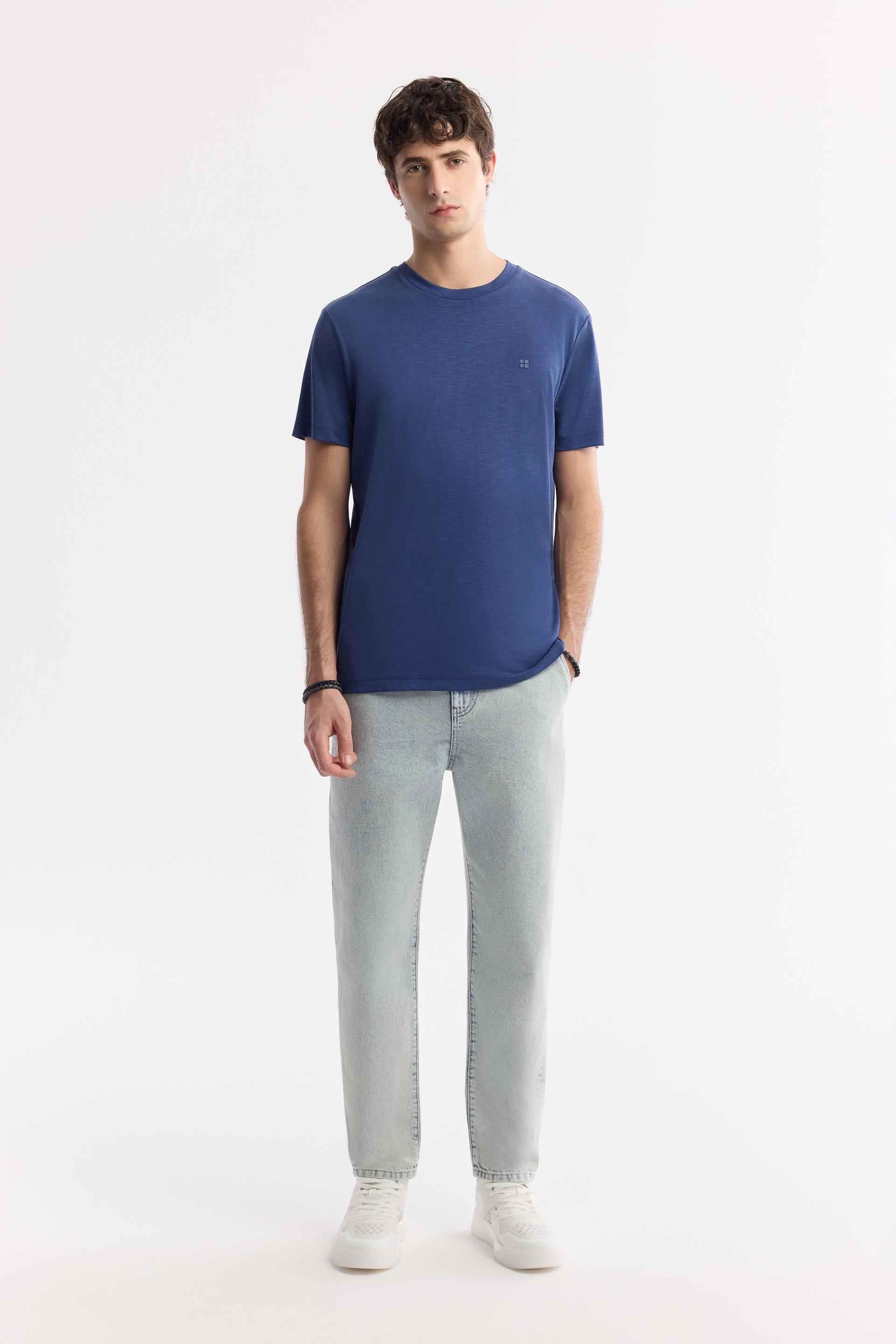 AVVA İndigo Bisiklet Yaka Bi-Stretch Soft Touch Basic T-Shirt görsel 5