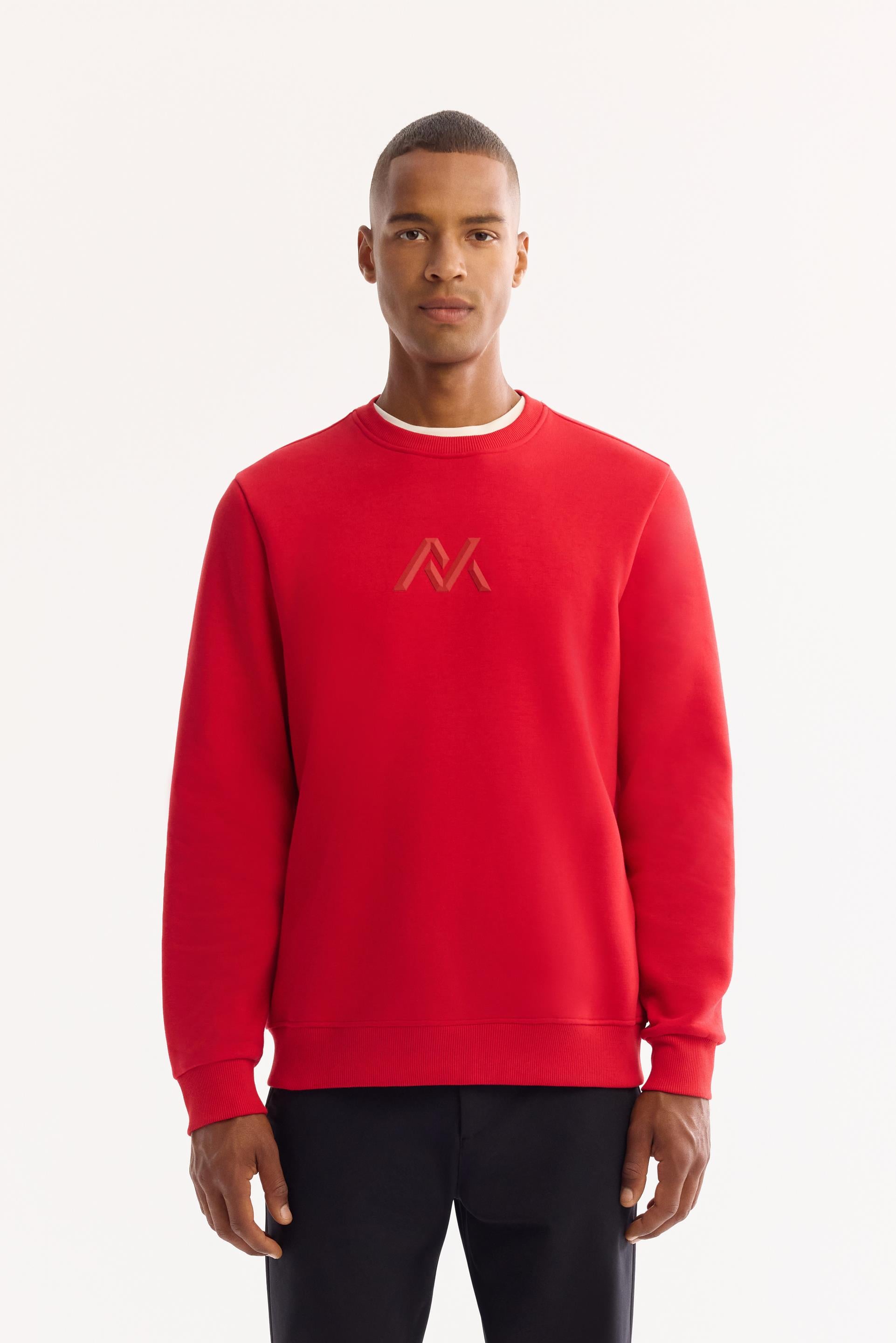 AVVA Kırmızı Bisiklet Yaka Kolay Ütülenen 3 İplik Şardonlu Baskılı Sweatshirt