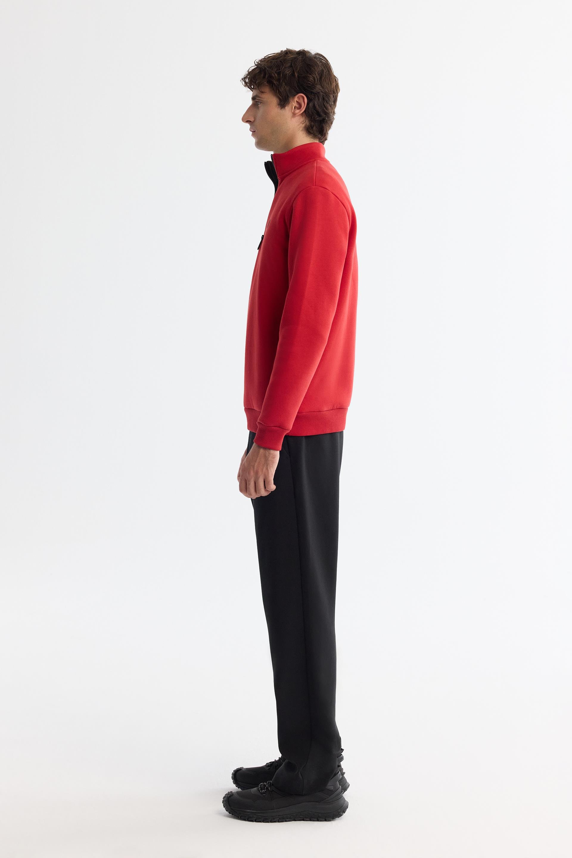 Kırmızı Dik Yaka Fermuarlı 3 İplik Şardonlu Sweatshirt