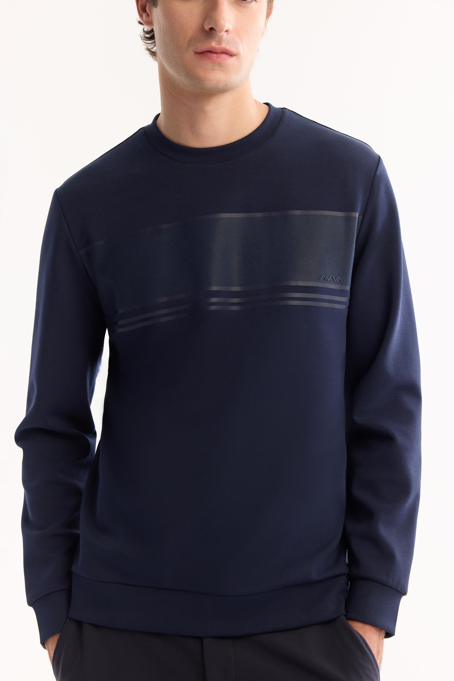 AVVA Lacivert Bisiklet Yaka Kolay Ütülenen Bi-Stretch Baskılı Sweatshirt görsel 2