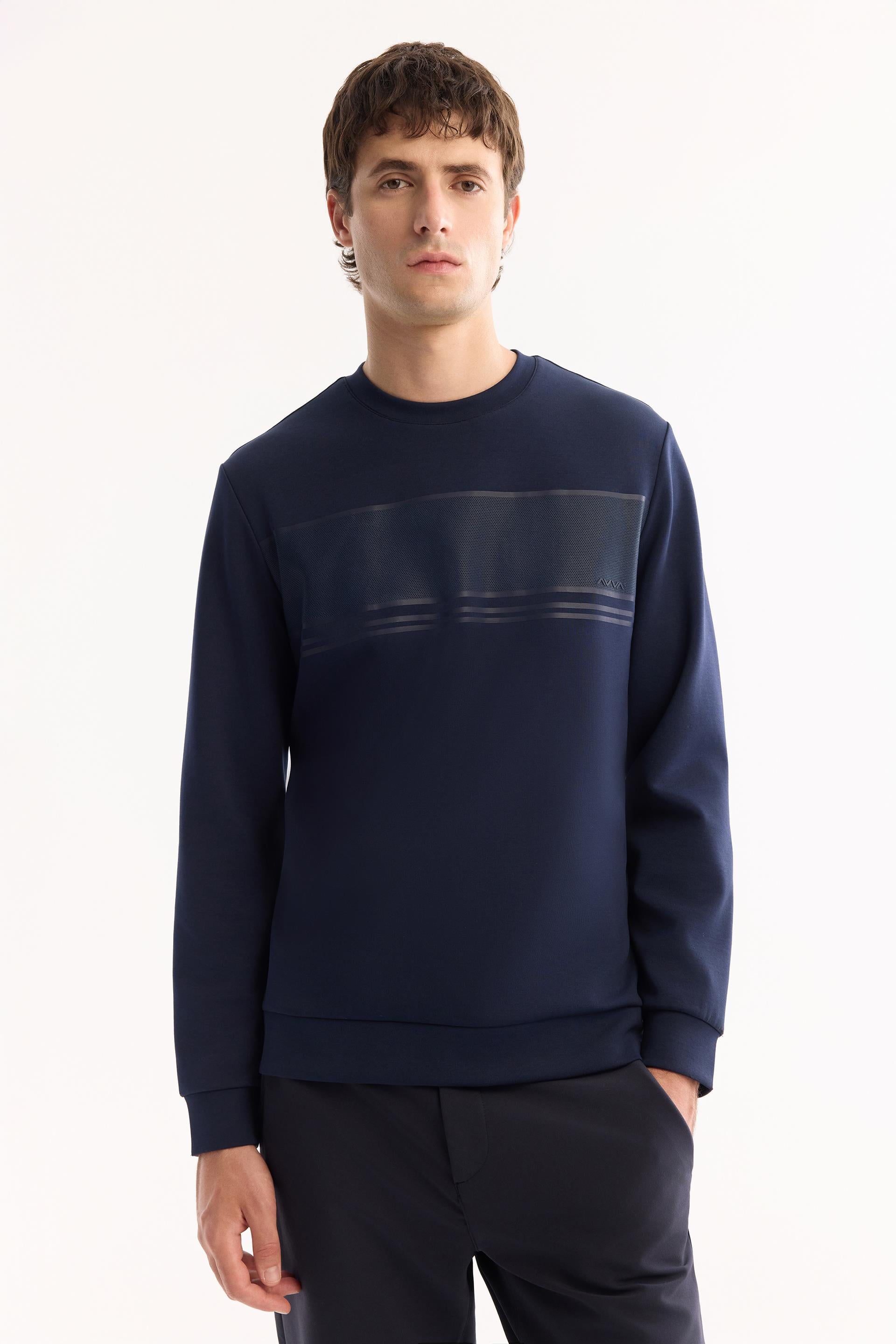 AVVA Lacivert Bisiklet Yaka Kolay Ütülenen Bi-Stretch Baskılı Sweatshirt görsel 5