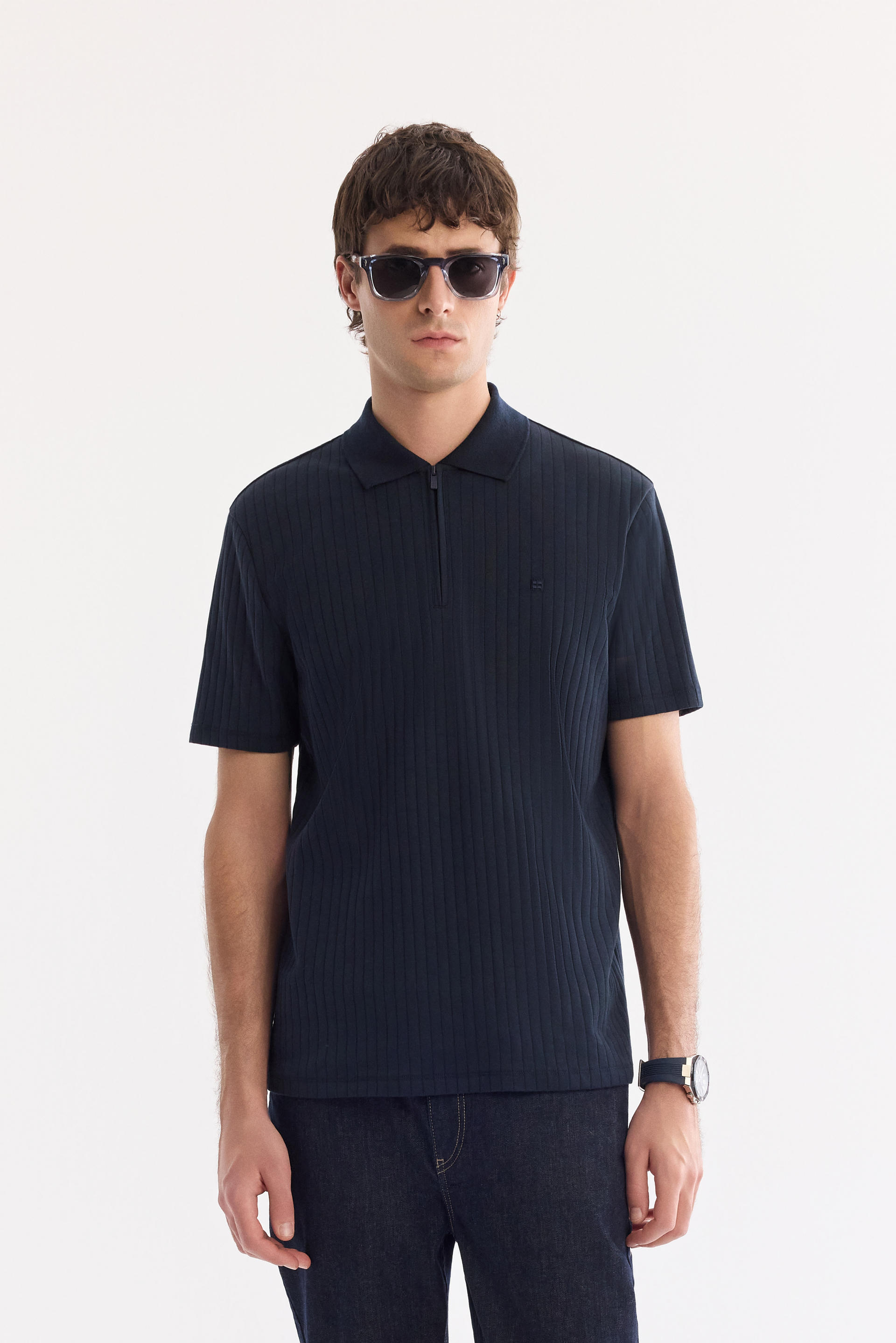 AVVA Lacivert Kıvrılmaz Polo Yaka Fermuarlı %100 Pamuk T-Shirt
