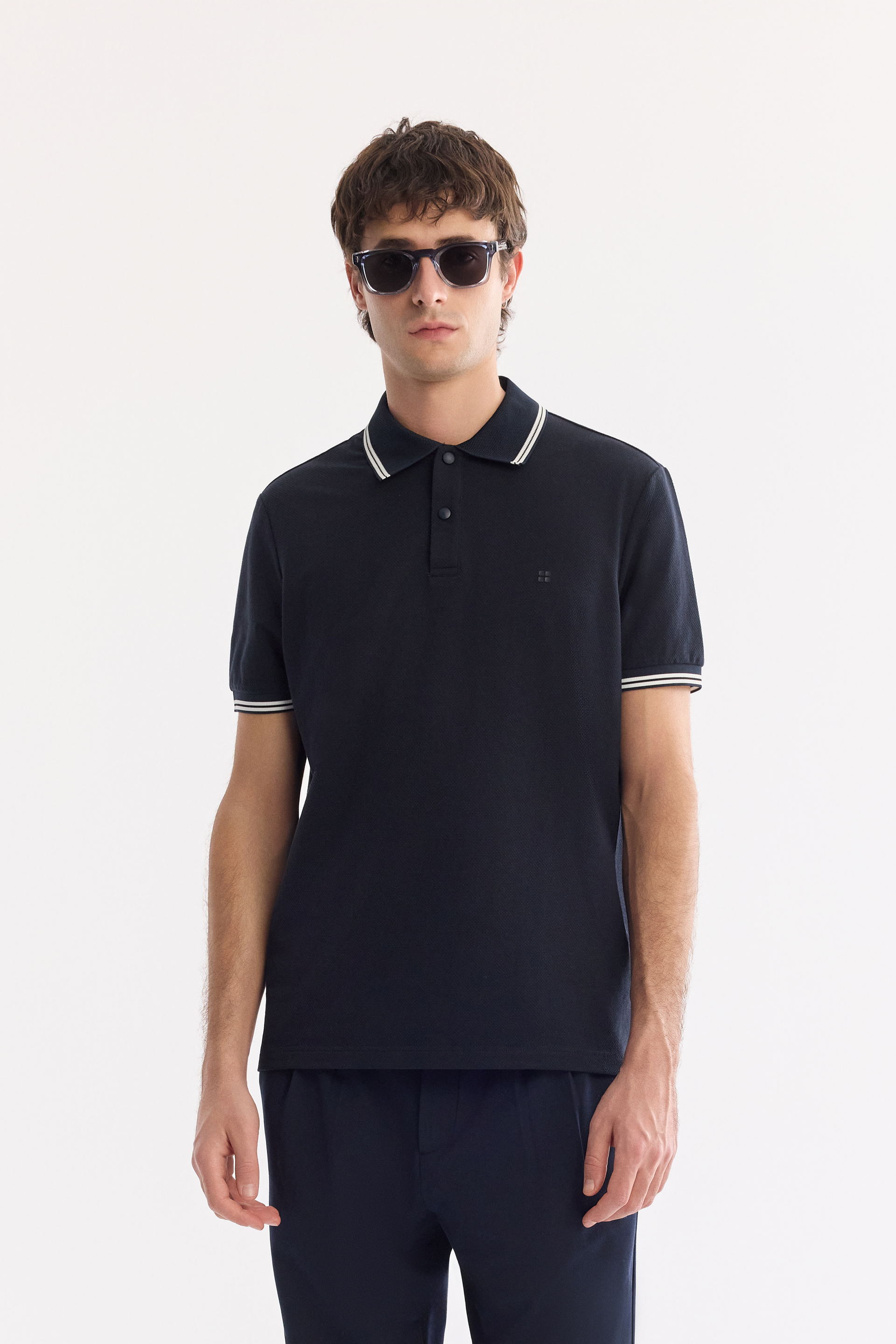 AVVA Lacivert Kıvrılmaz Polo Yaka Pamuklu Teknik Kumaş T-Shirt