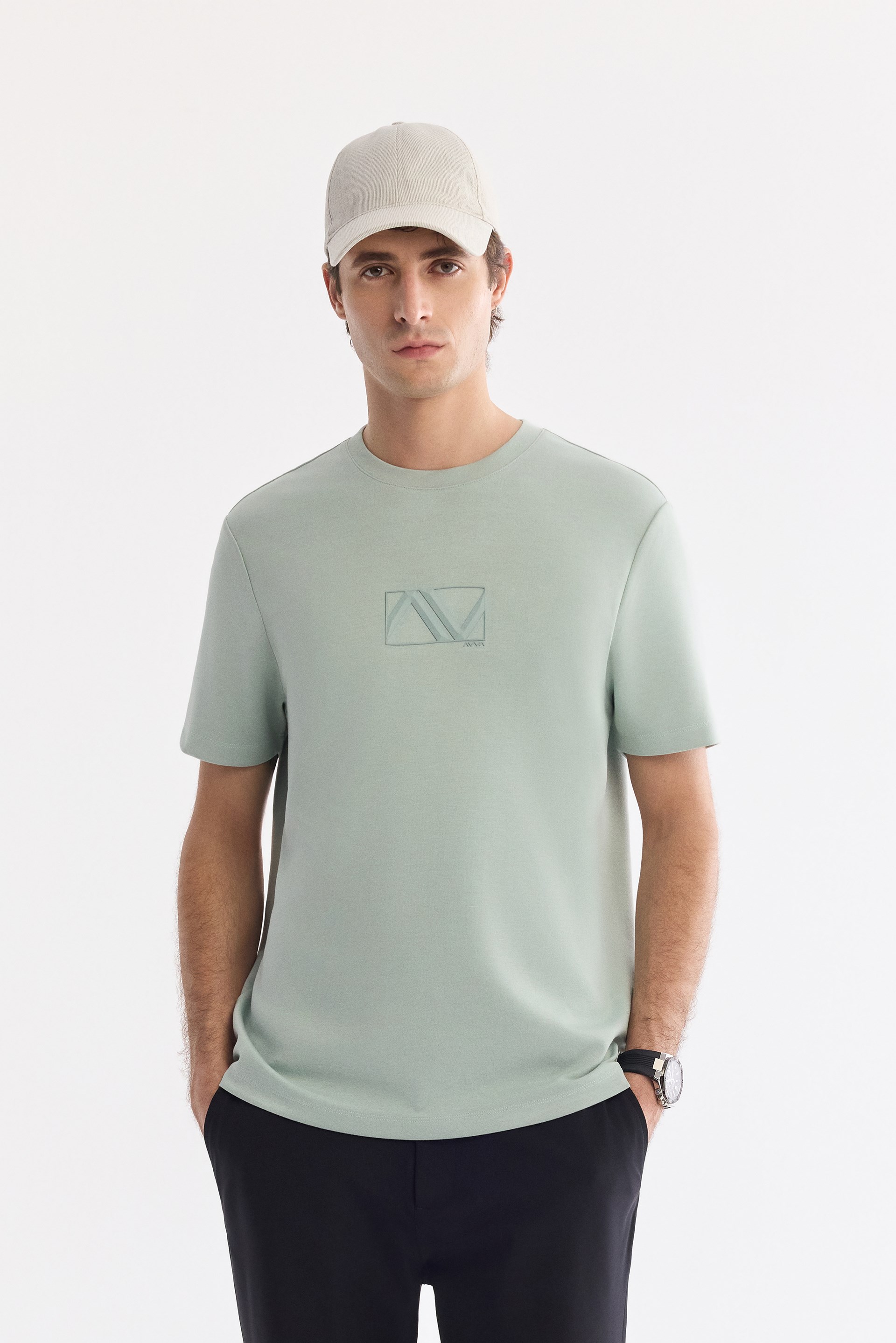 AVVA Mint Yeşil Bisiklet Yaka Baskılı Bi-Stretch İnterlok T-Shirt