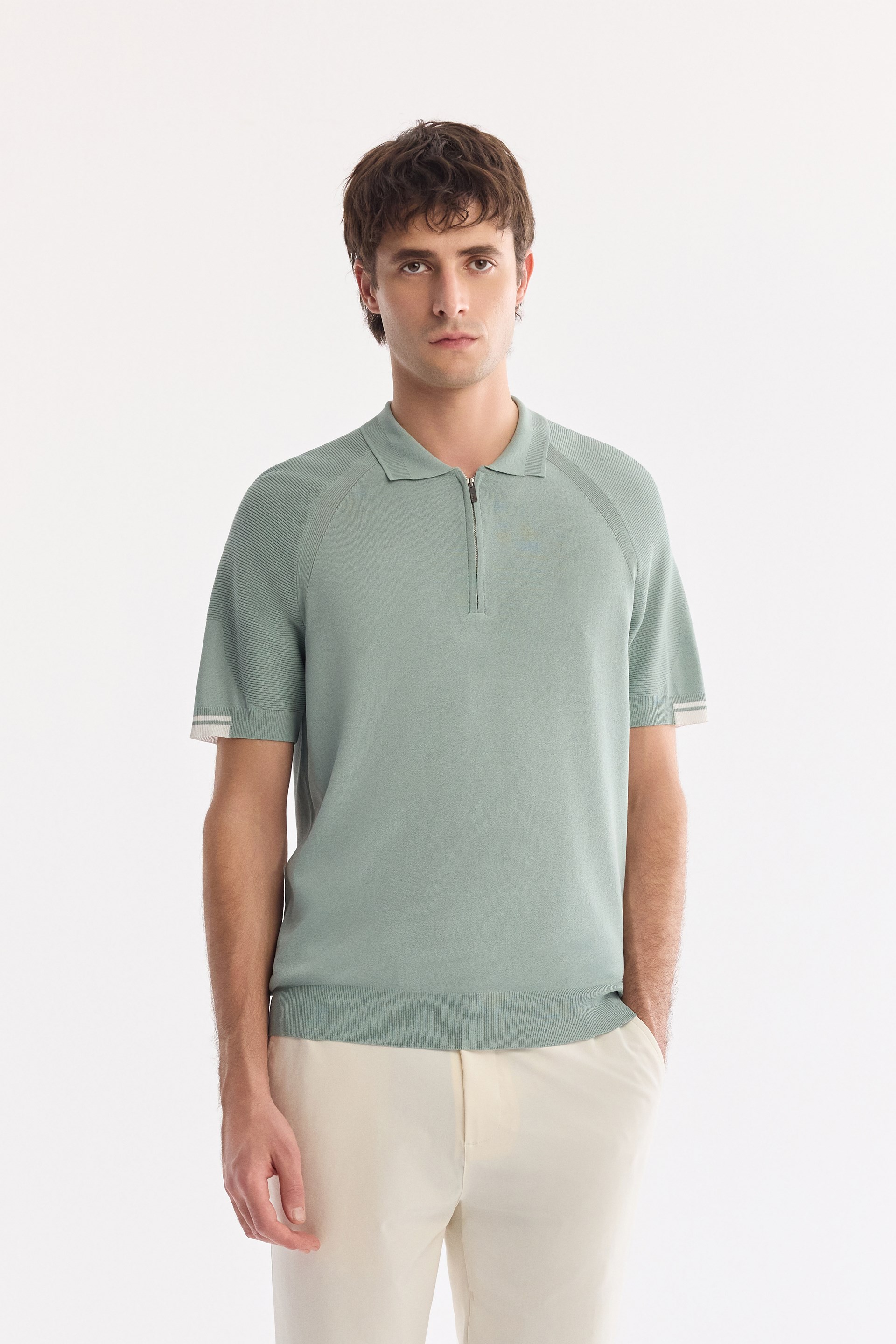 AVVA Nil Yeşili Polo Yaka Fermuarlı Rayon Karışımlı Triko T-Shirt