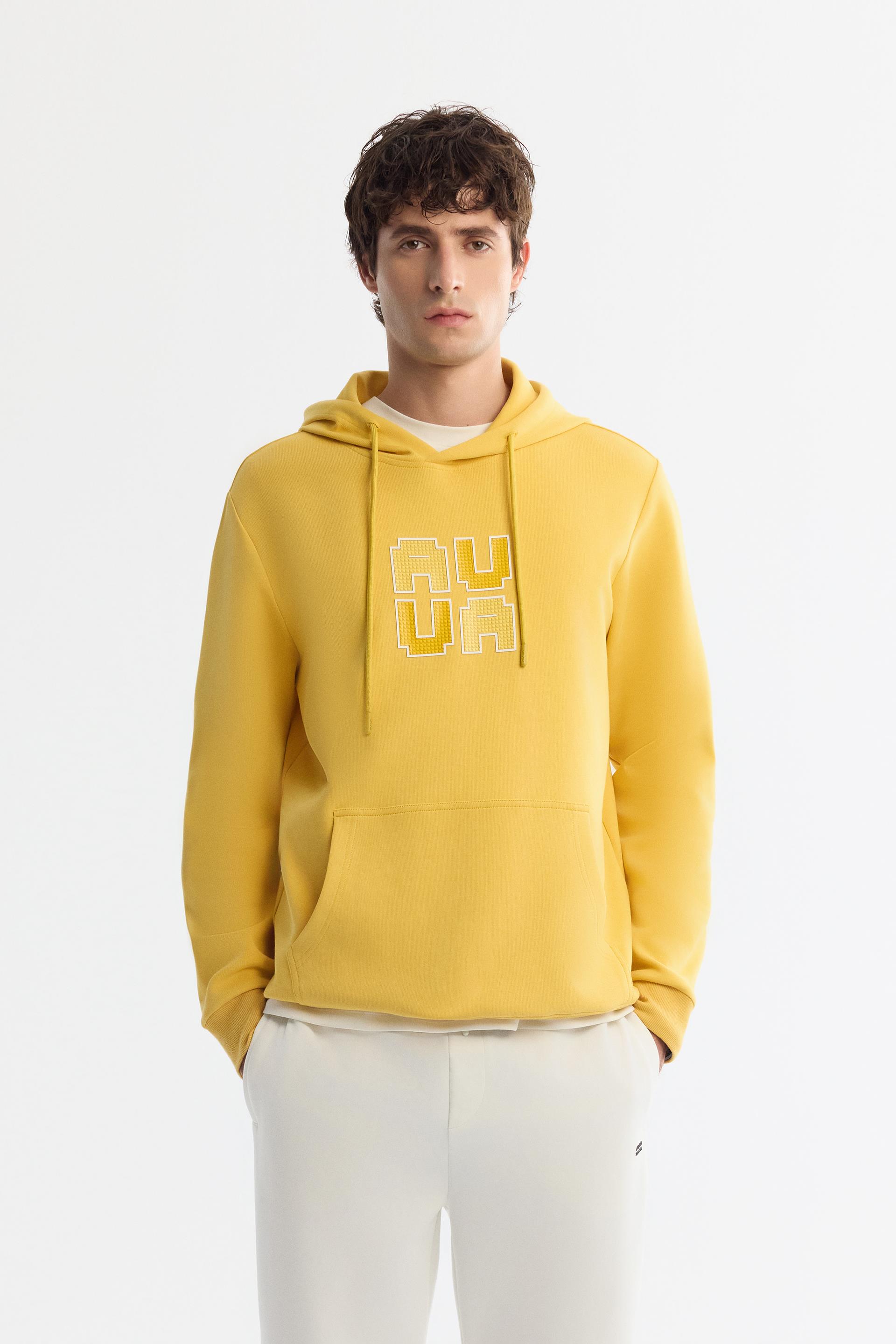 AVVA Sarı Kapüşonlu Pamuklu Baskılı Elastan Sweatshirt