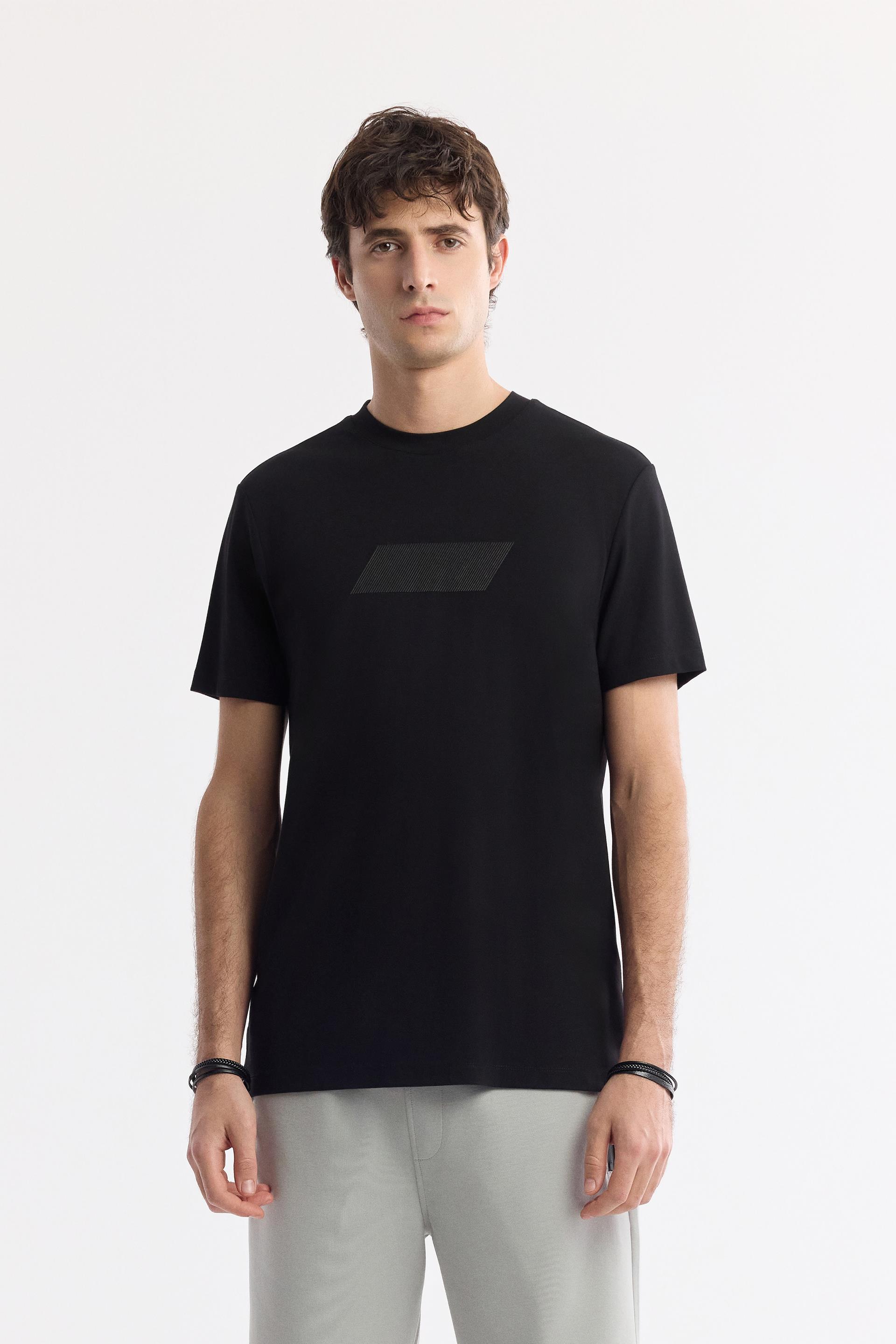 AVVA Siyah Bisiklet Yaka Baskılı Rayon Soft Touch T-Shirt