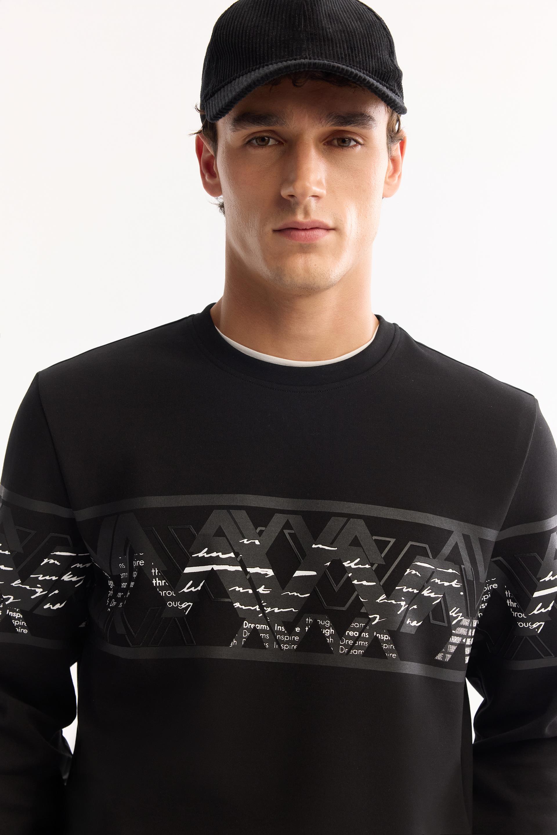 AVVA Siyah Bisiklet Yaka Kolay Ütülenen Bi-Stretch Baskılı Sweatshirt görsel 2