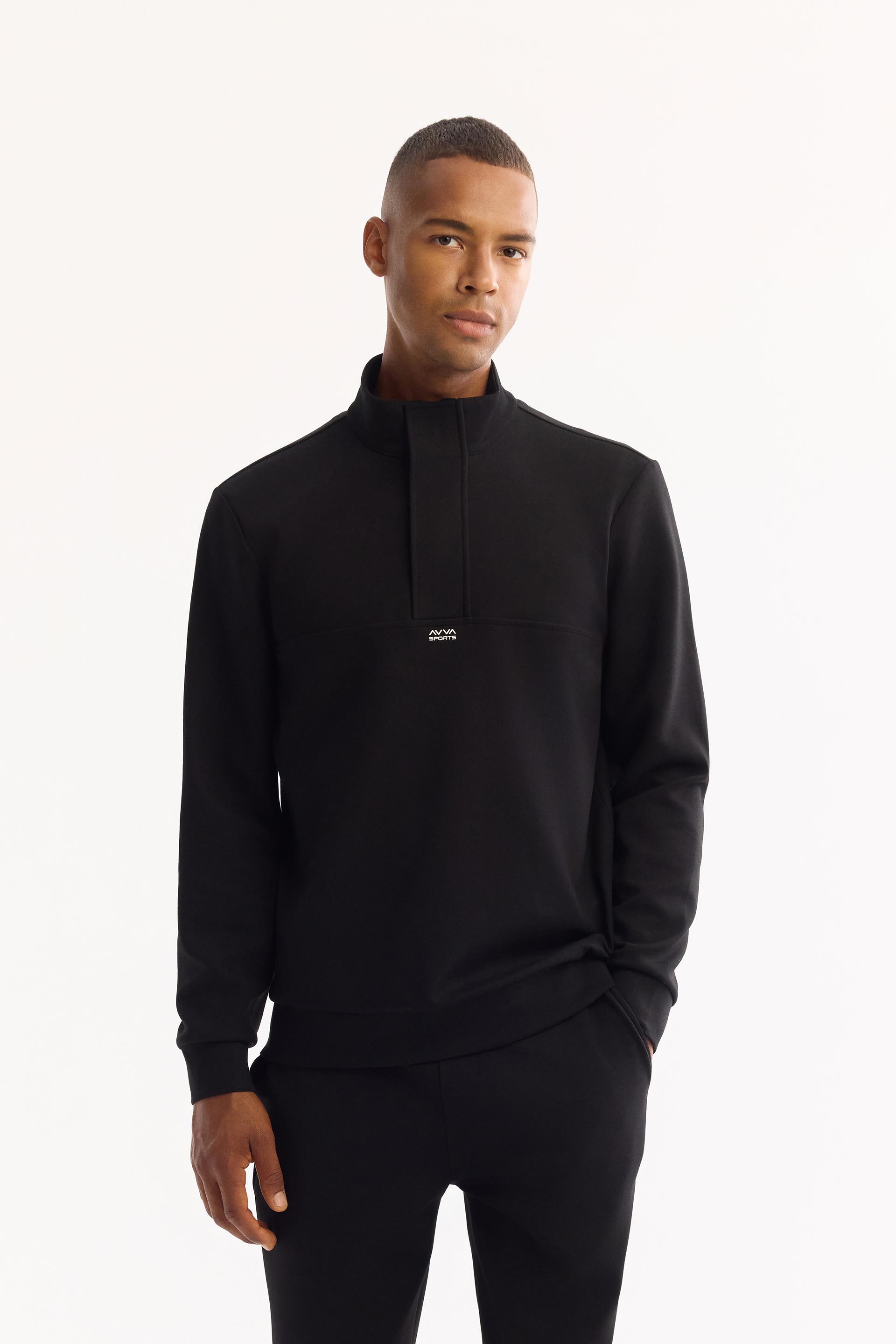 AVVA Siyah Dik Yaka Fermuarlı Kolay Ütülenen Bi-Stretch Sweatshirt