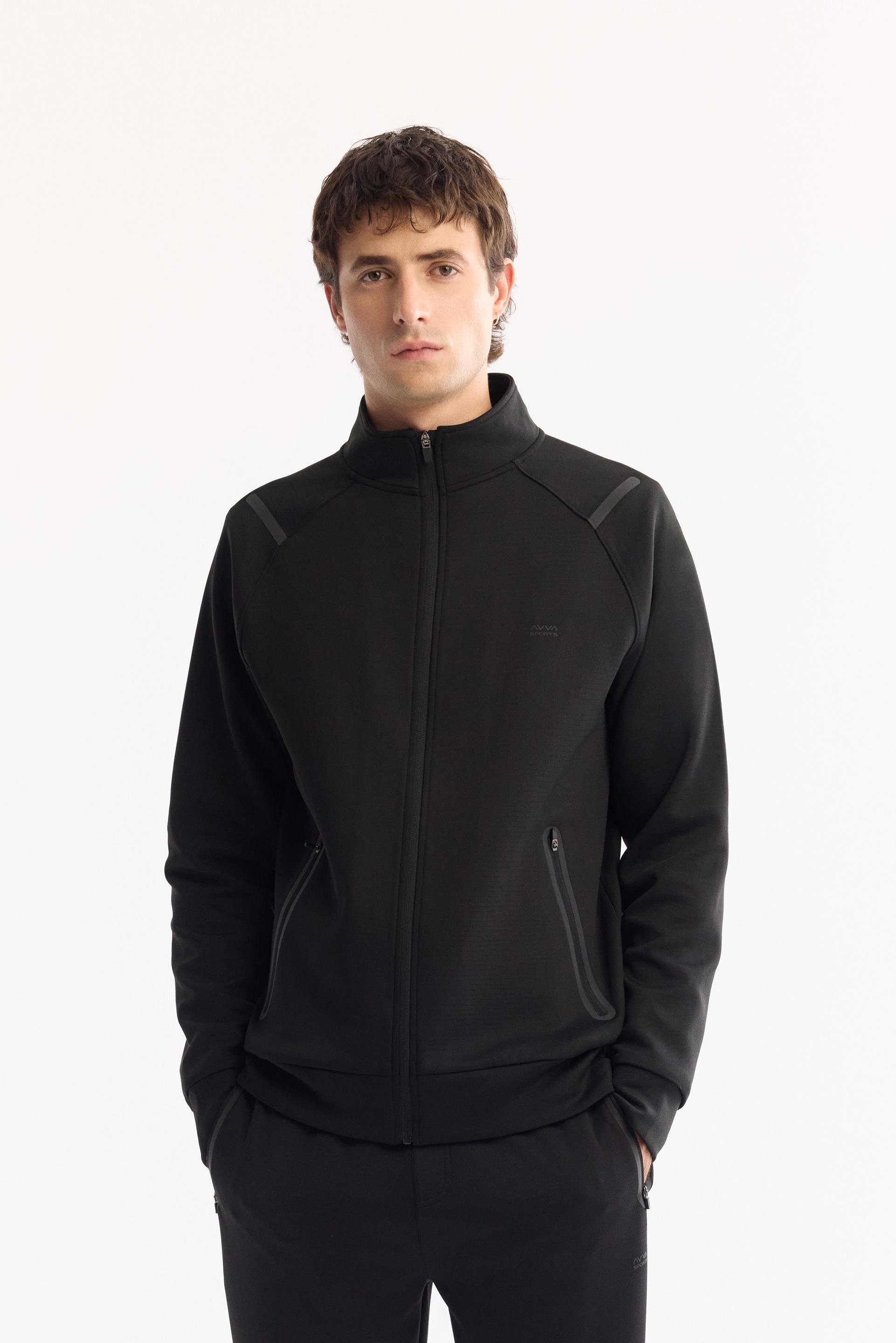 AVVA Siyah Dik Yaka Fermuarlı Bi-Stretch Teknik Kumaş Sweatshirt