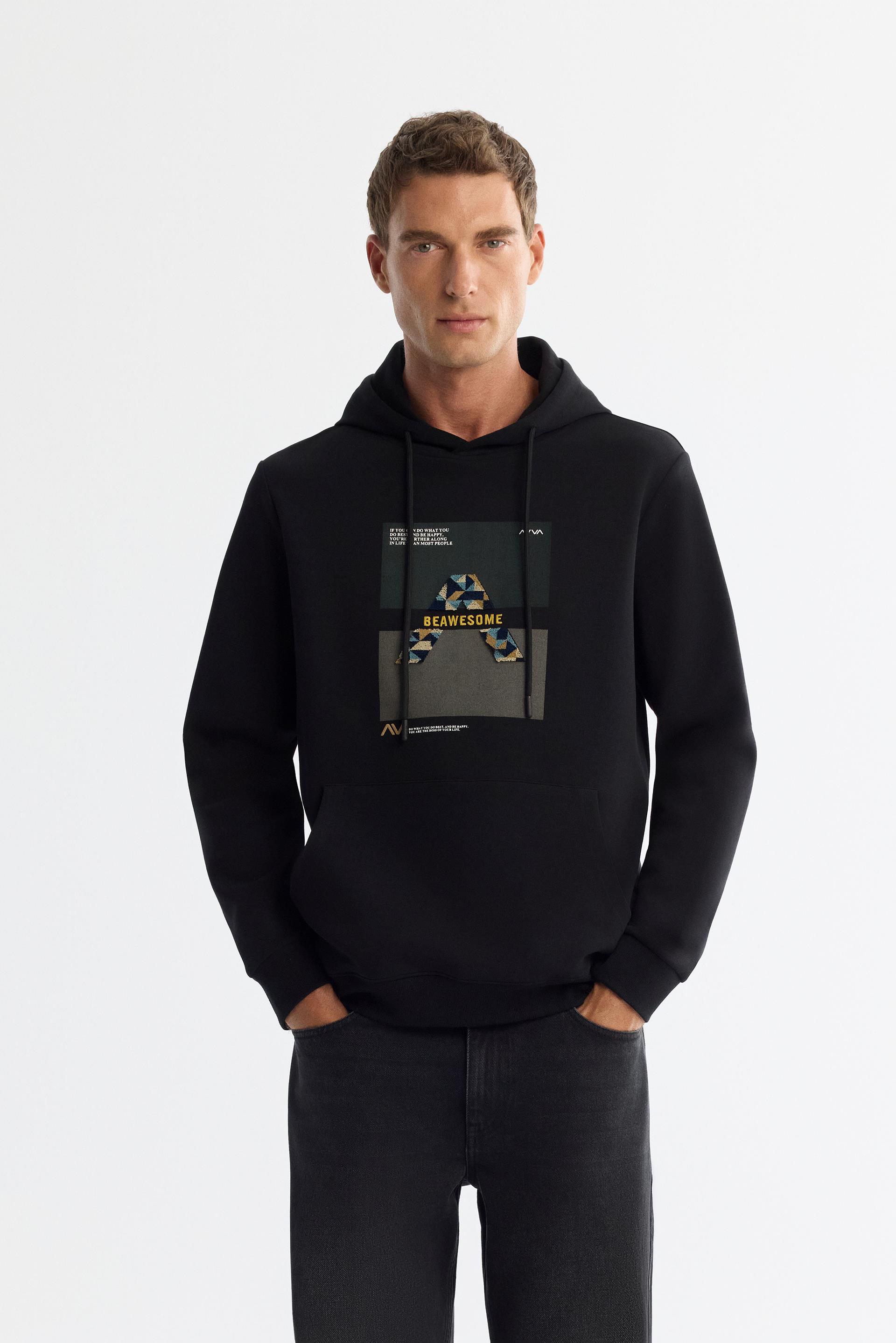 AVVA Siyah Kapüşonlu Pamuklu Baskılı Elastan Sweatshirt