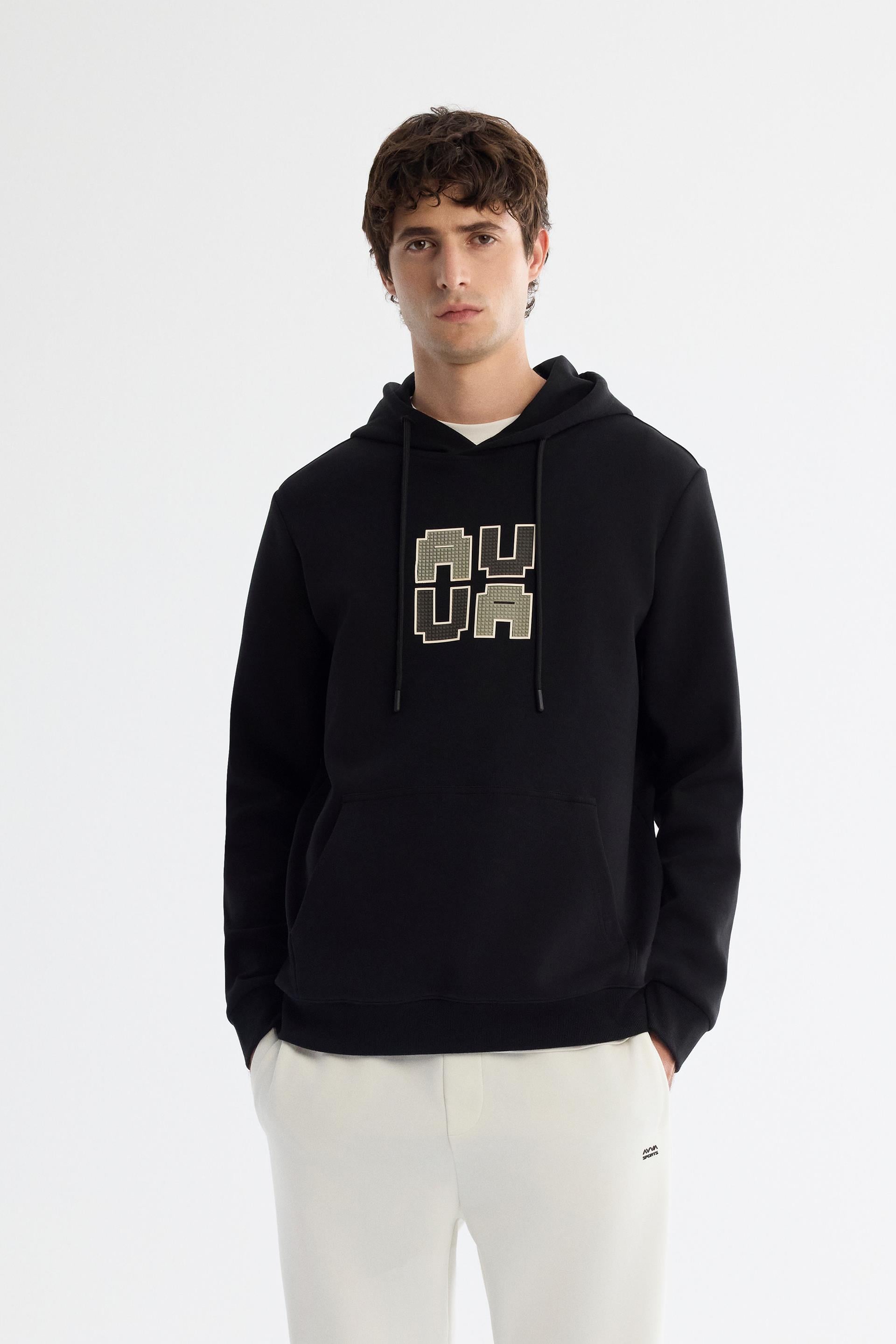 AVVA Siyah Kapüşonlu Pamuklu Baskılı Elastan Sweatshirt