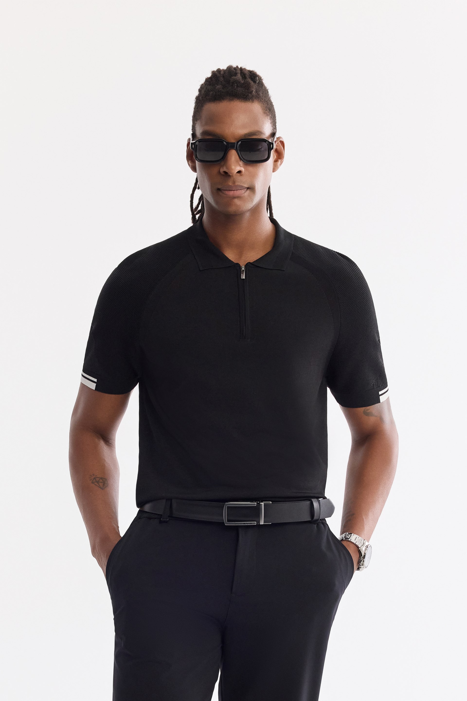 AVVA Siyah Polo Yaka Fermuarlı Rayon Karışımlı Triko T-Shirt