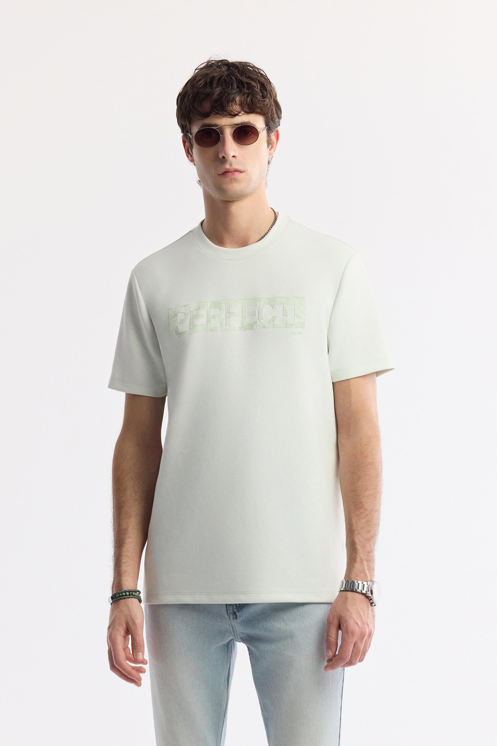 AVVA Su Yeşili Bisiklet Yaka Baskılı Bi-Stretch İnterlok T-Shirt