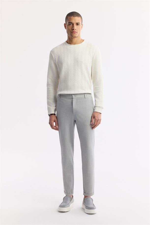Açık Gri Beli Lastikli Bi-Stretch Chino Pantolon