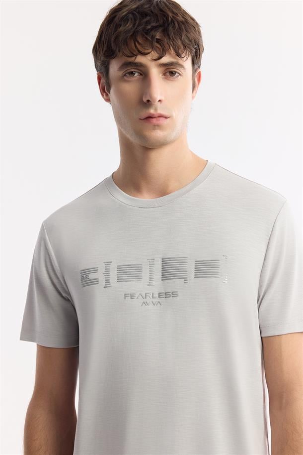 Açık Gri Bisiklet Yaka Baskılı Soft Touch T-Shirt