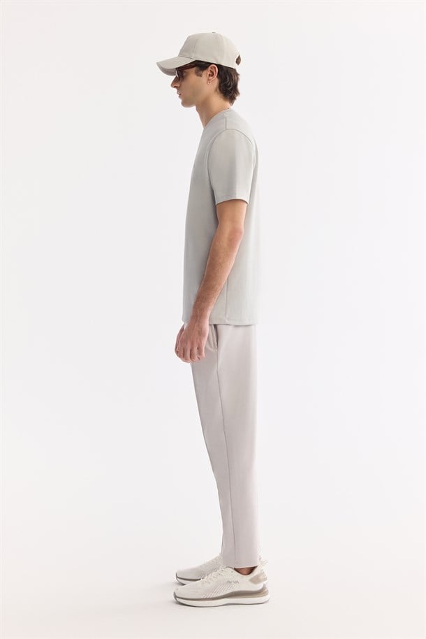 Açık Gri Bisiklet Yaka Bi-Stretch Baskılı T-Shirt