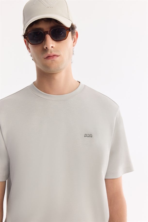 Açık Gri Bisiklet Yaka Bi-Stretch Baskılı T-Shirt