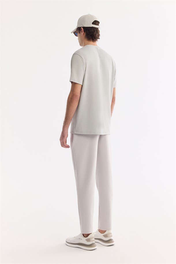 Açık Gri Bisiklet Yaka Bi-Stretch Baskılı T-Shirt