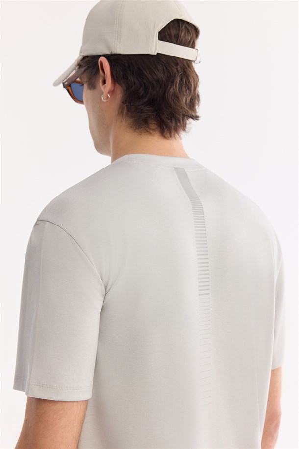 Açık Gri Bisiklet Yaka Bi-Stretch Baskılı T-Shirt