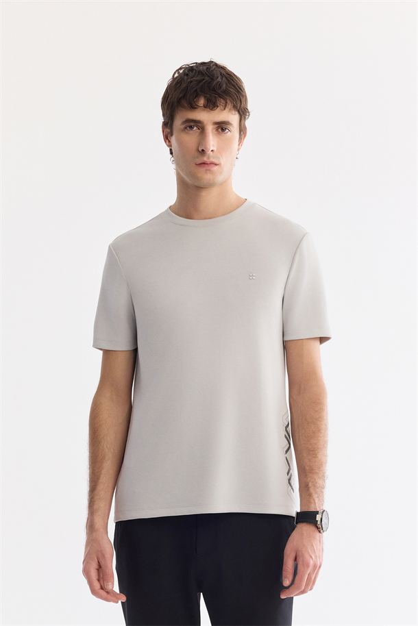 Açık Gri Bisiklet Yaka Baskılı İnterlok T-Shirt